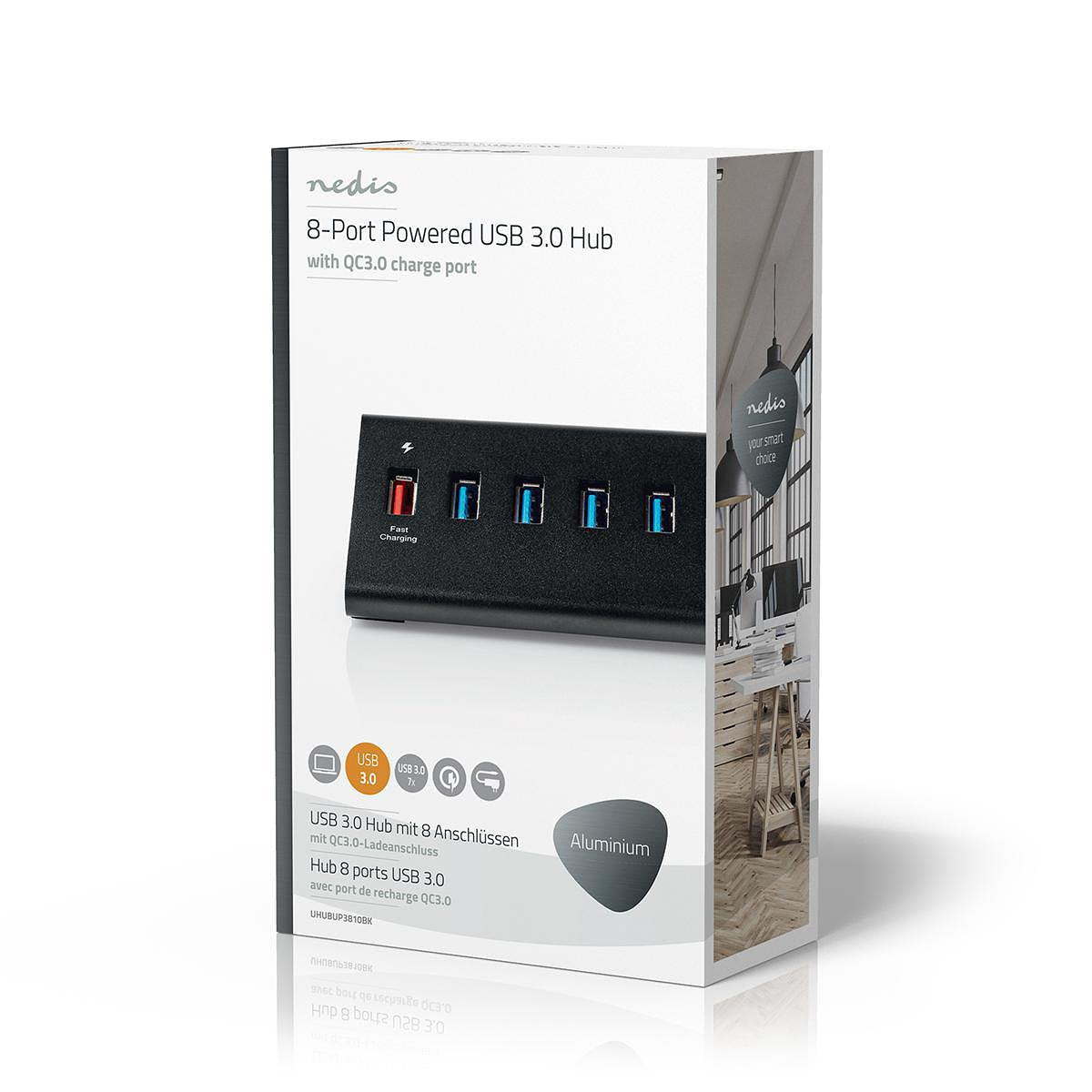 Nedis USB-Hub | 8-Poorts | USB 3.0 met Externe Voeding | QC3.0 Oplaadpoort | 5 Gbps