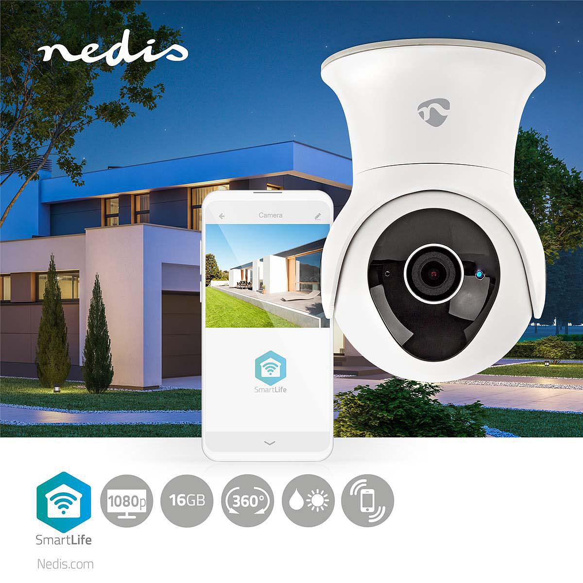 Nedis Wi-Fi smart IP-camera | Draaien/Kantelen | Full-HD 1080p | Buiten | Waterbestendig