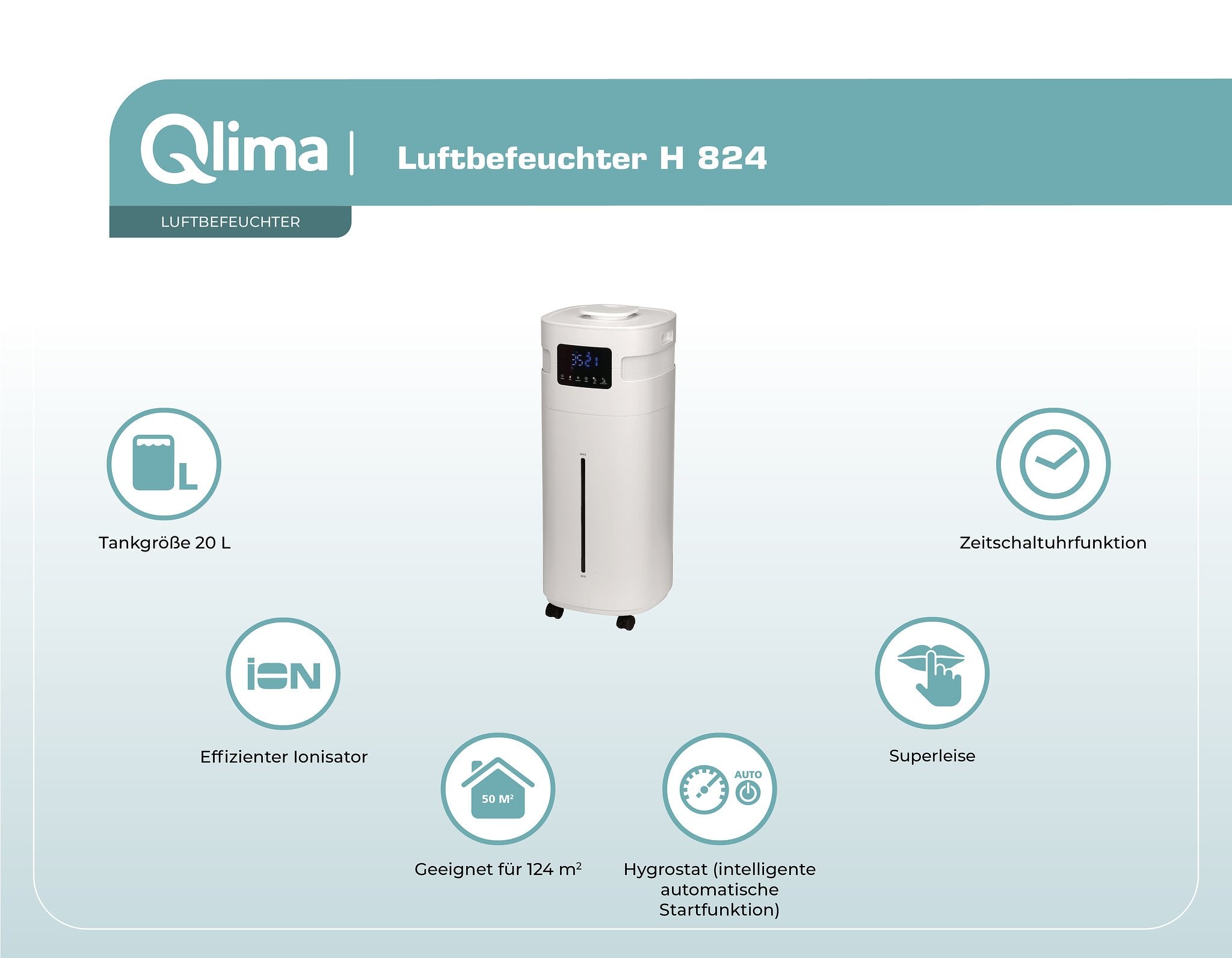 Qlima H 824 Luchtbevochtiger - Wit - 20 L Reservoir - Met ionisator en hygrometer - Fluisterstil