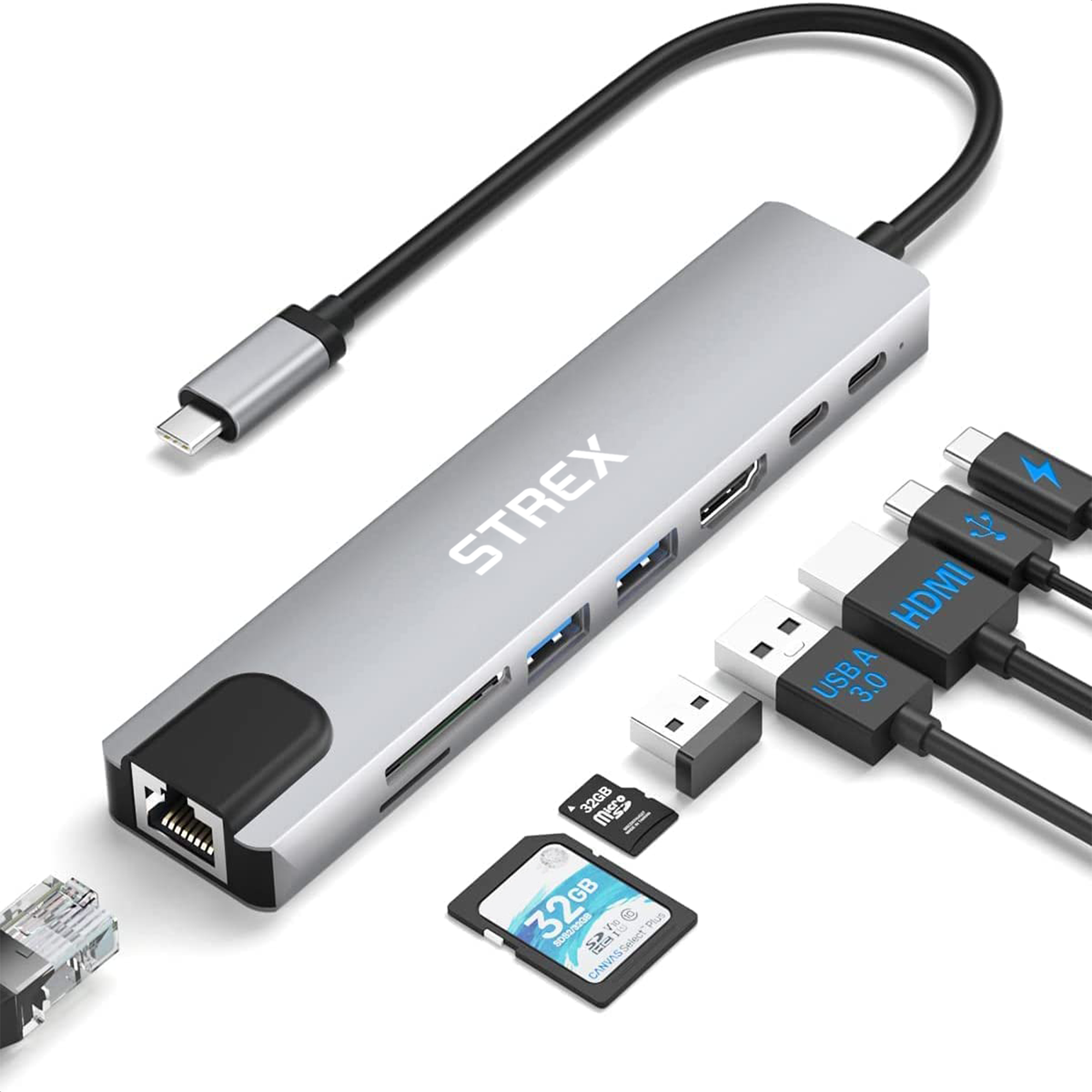 Strex 8 in 1 USB C Hub - Docking Station - USB Splitter - 4K HDMI - USB A - USB C - Ethernet - Micro