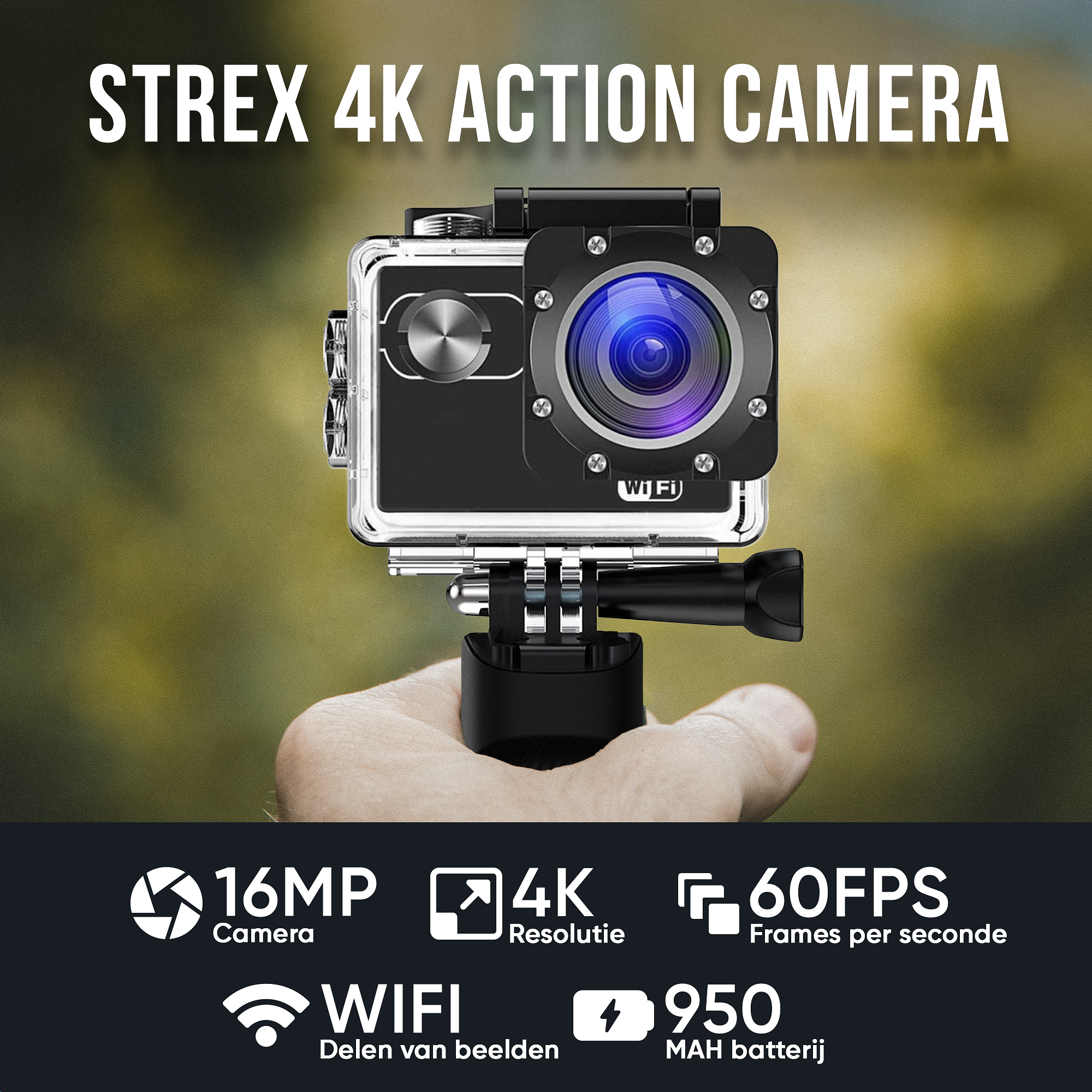 Strex Action Camera 4K 16MP - 60FPS / 30M Waterdicht / WiFi - Inclusief Accessoires - Actiecamera -