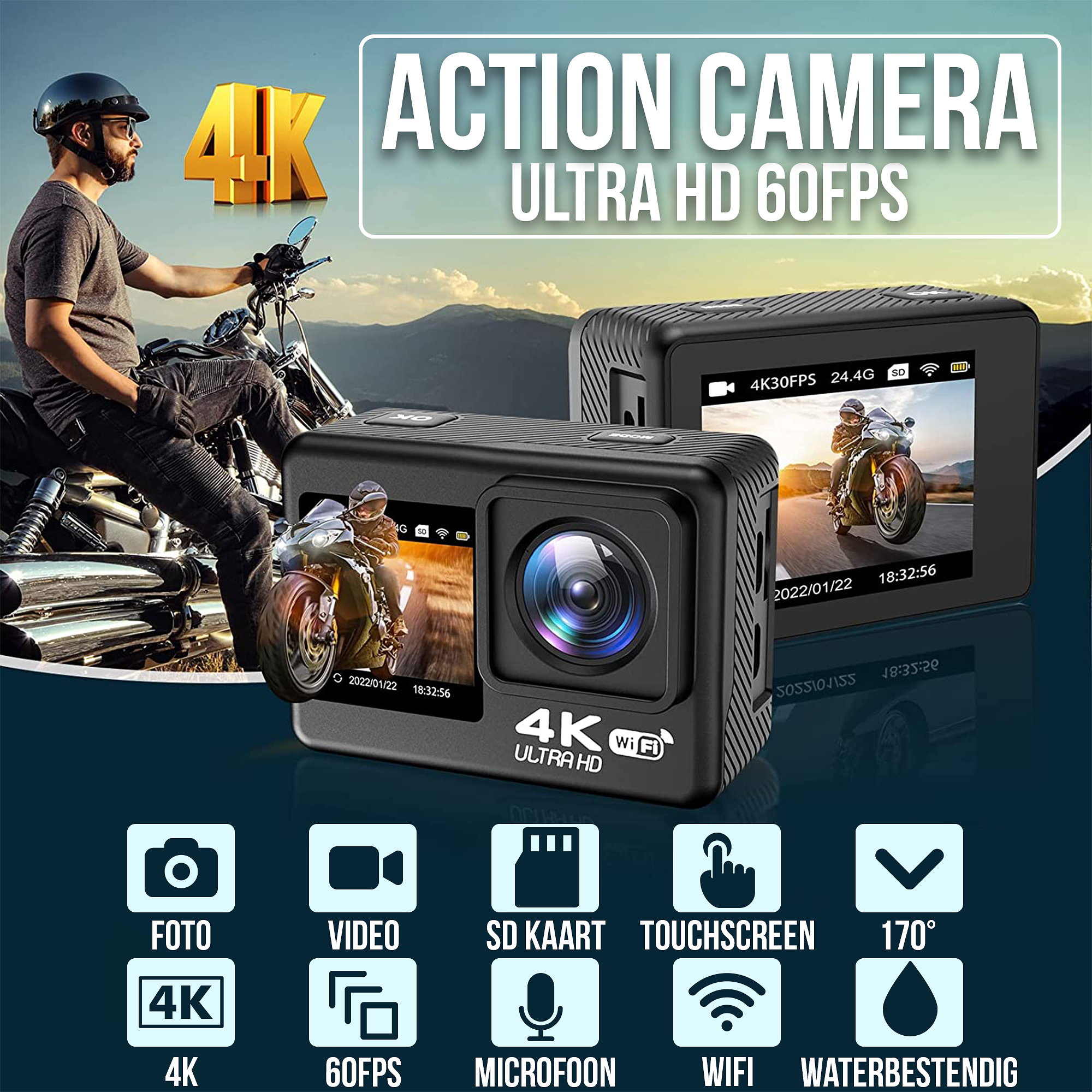 Strex Action Camera 4K 24MP - 60FPS / 30M Waterdicht / WiFi - Inclusief 20 accessoires - Actiecamera