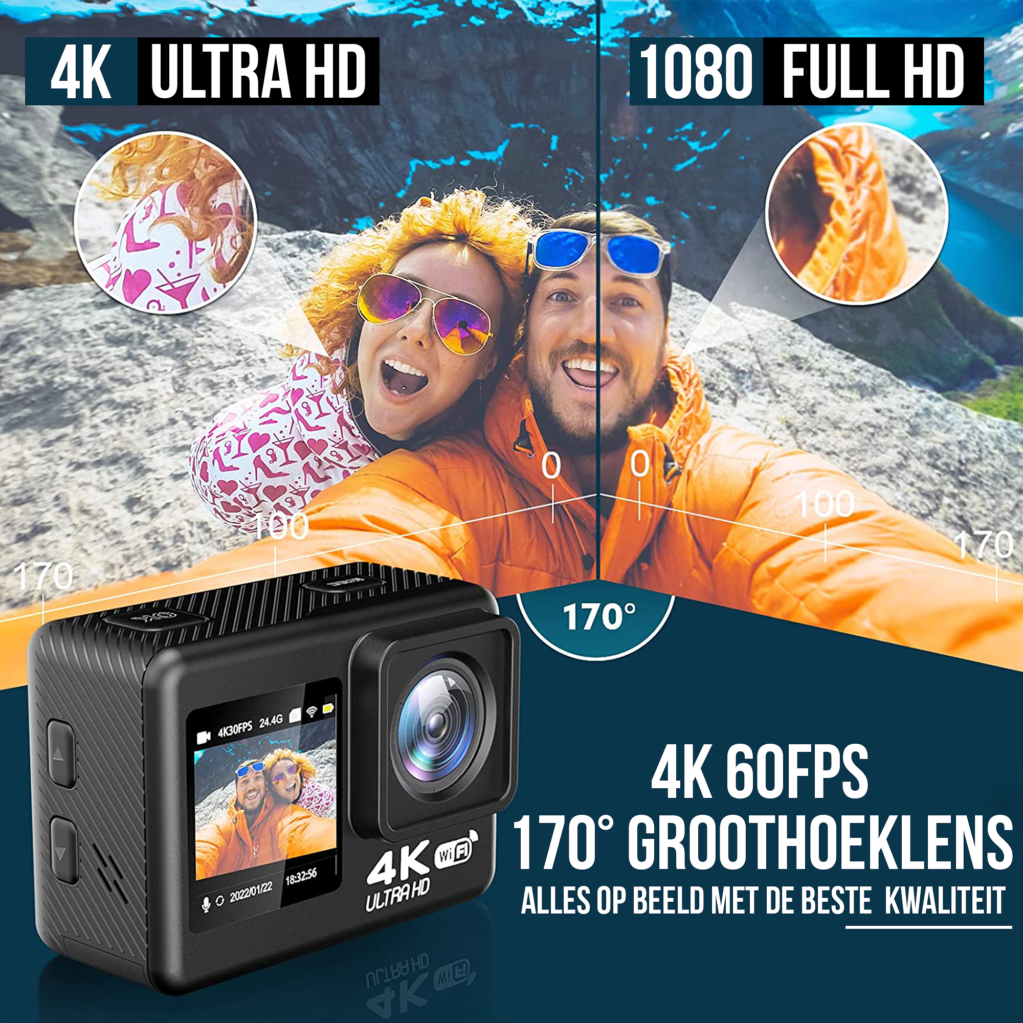 Strex Action Camera 4K 24MP - 60FPS / 30M Waterdicht / WiFi - Inclusief 20 accessoires - Actiecamera