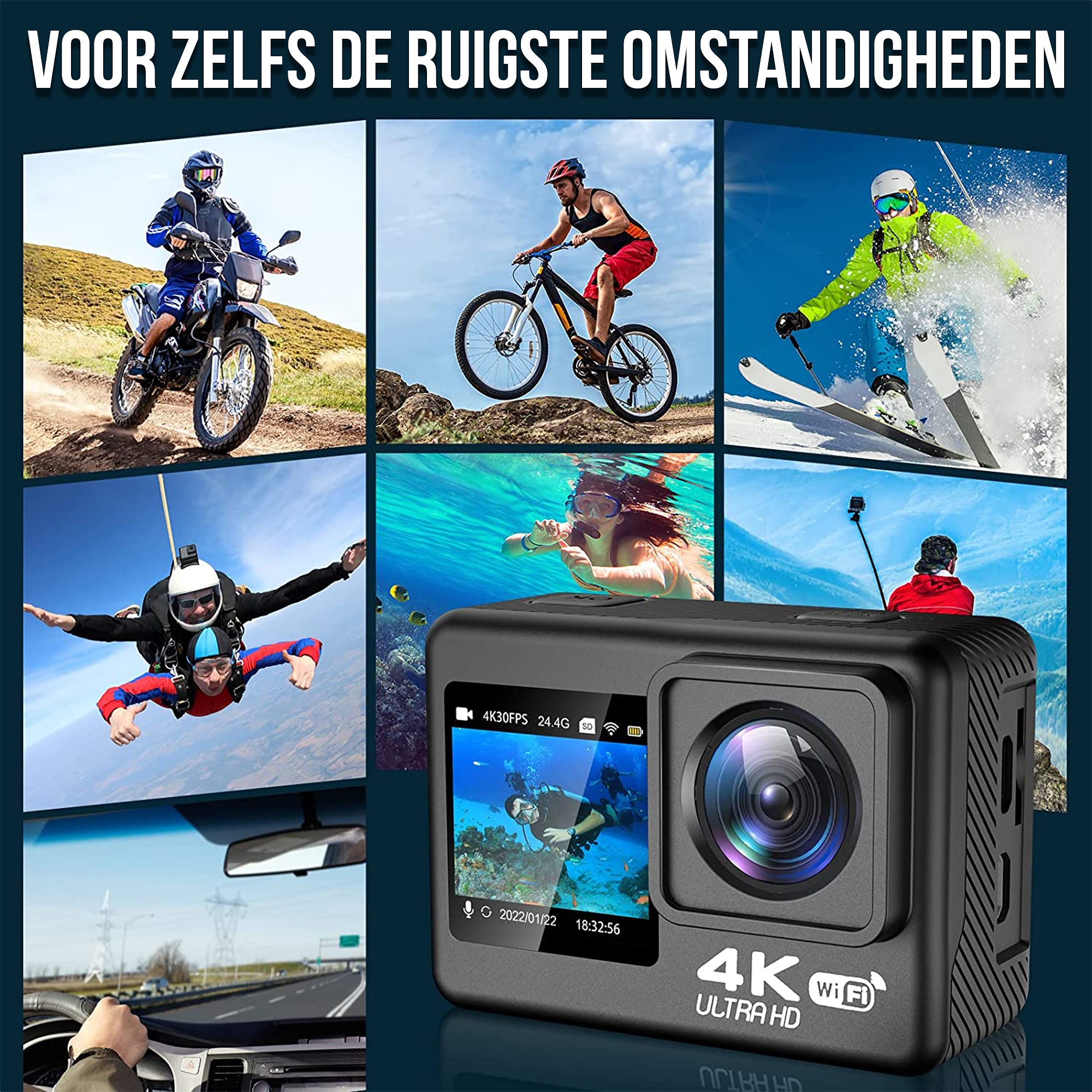 Strex Action Camera 4K 24MP - 60FPS / 30M Waterdicht / WiFi - Inclusief 20 accessoires - Actiecamera