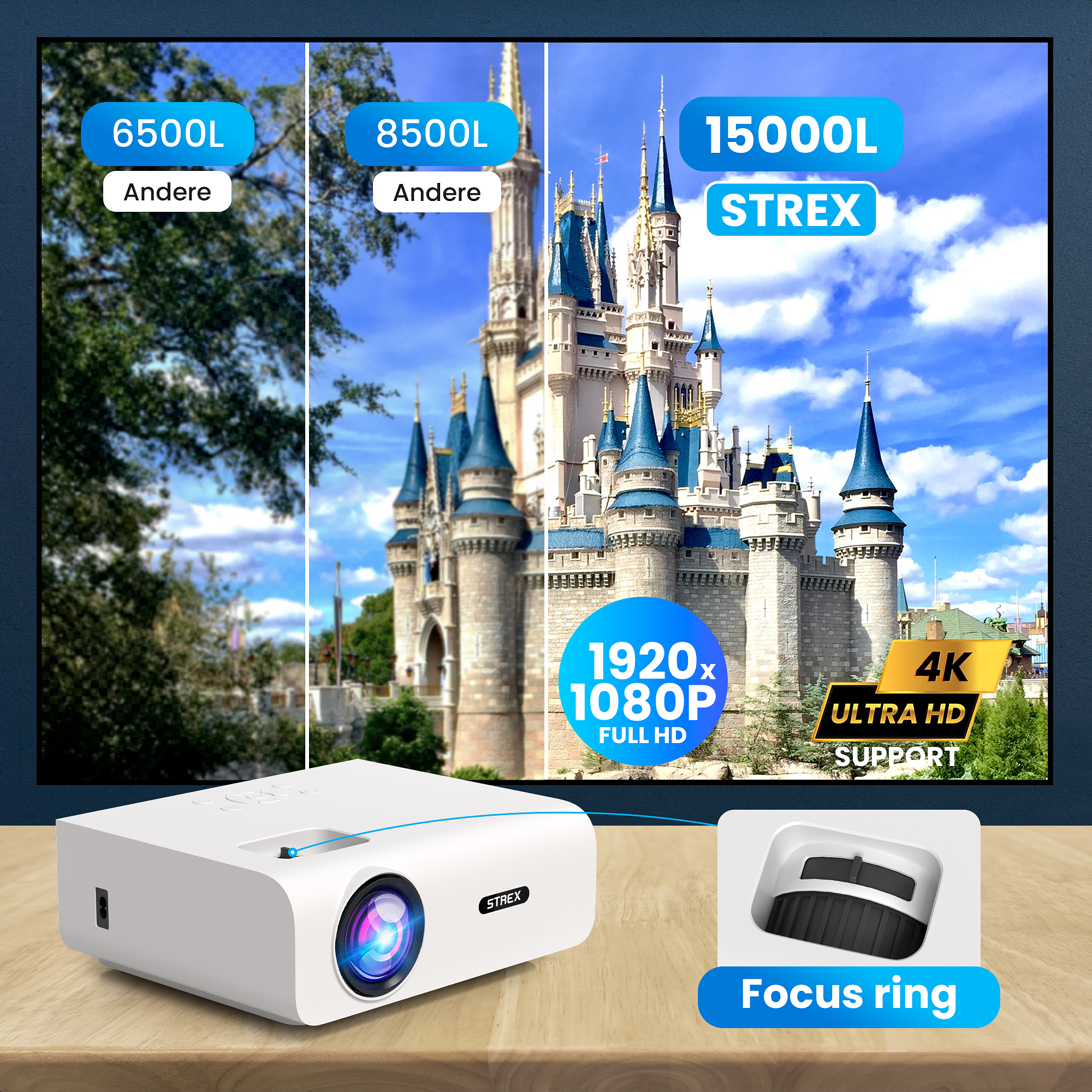 Strex Beamer - 1080P Full HD - 15000 Lumen - Draadloos Streamen - WiFi - Bluetooth - Mini Beamer - P