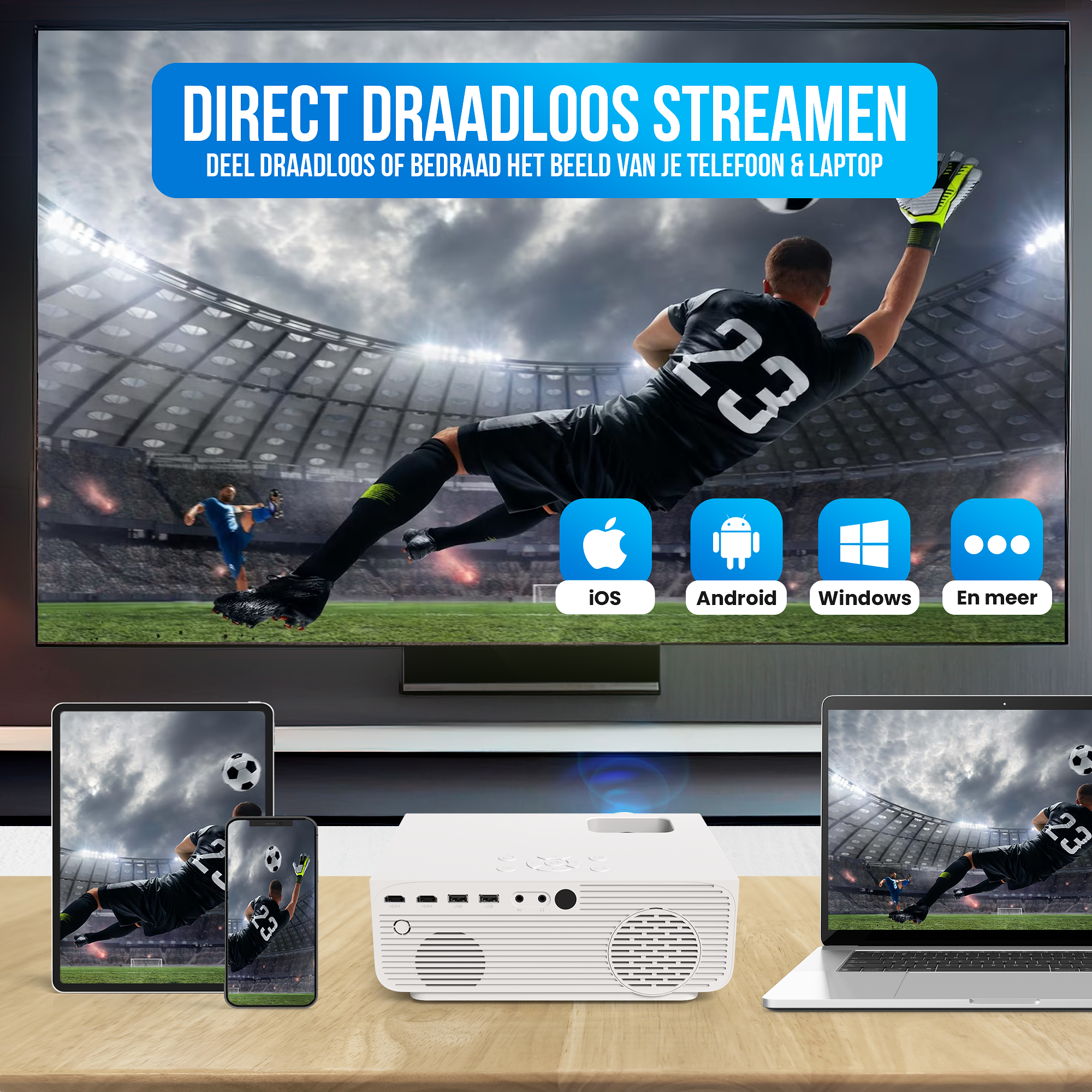 Strex Beamer - 1080P Full HD - 15000 Lumen - Draadloos Streamen - WiFi - Bluetooth - Mini Beamer - P