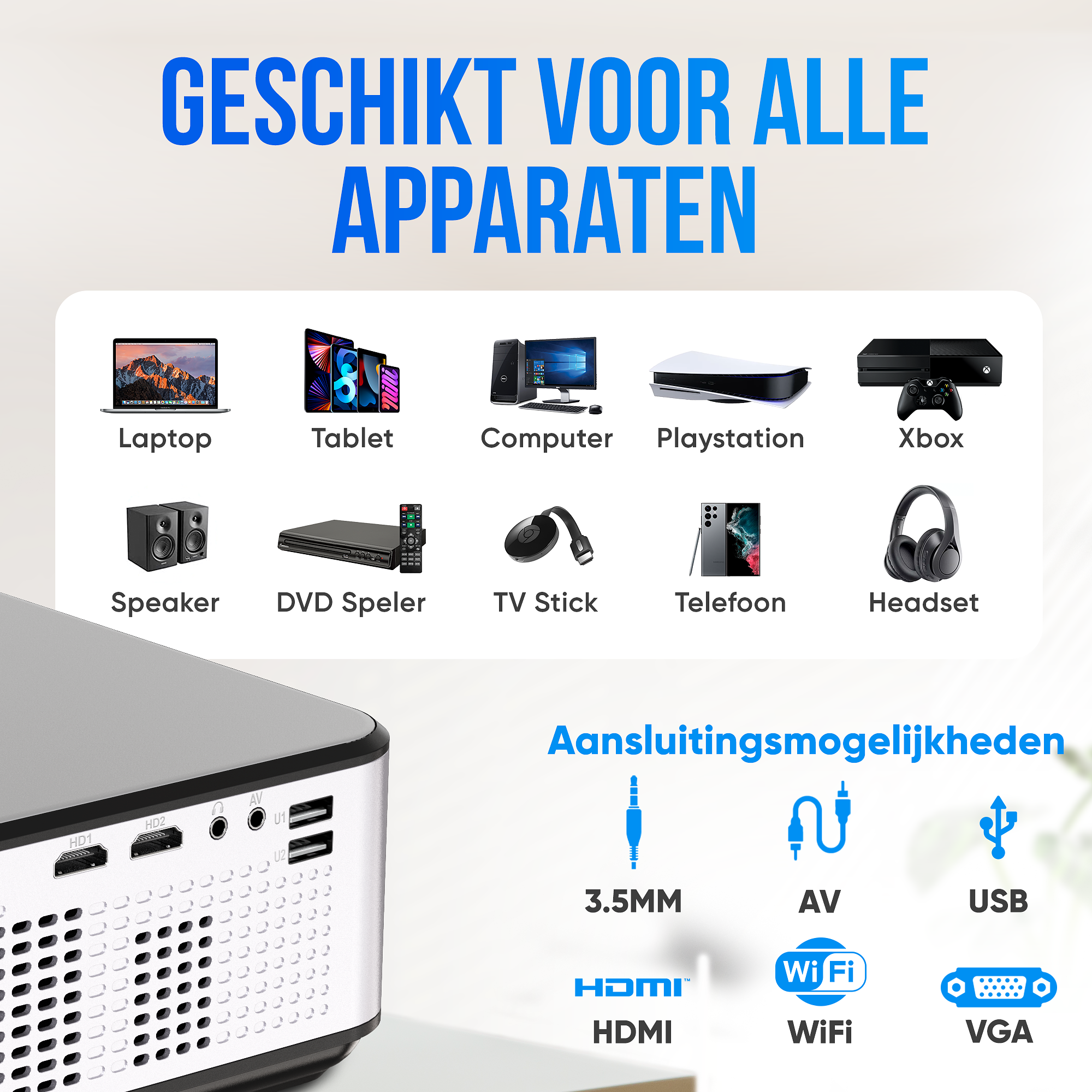 Strex Beamer - HD 1920x1080P - 7000 Lumen - Streamen Vanaf Je Telefoon Met WiFi - Mini Projector - I