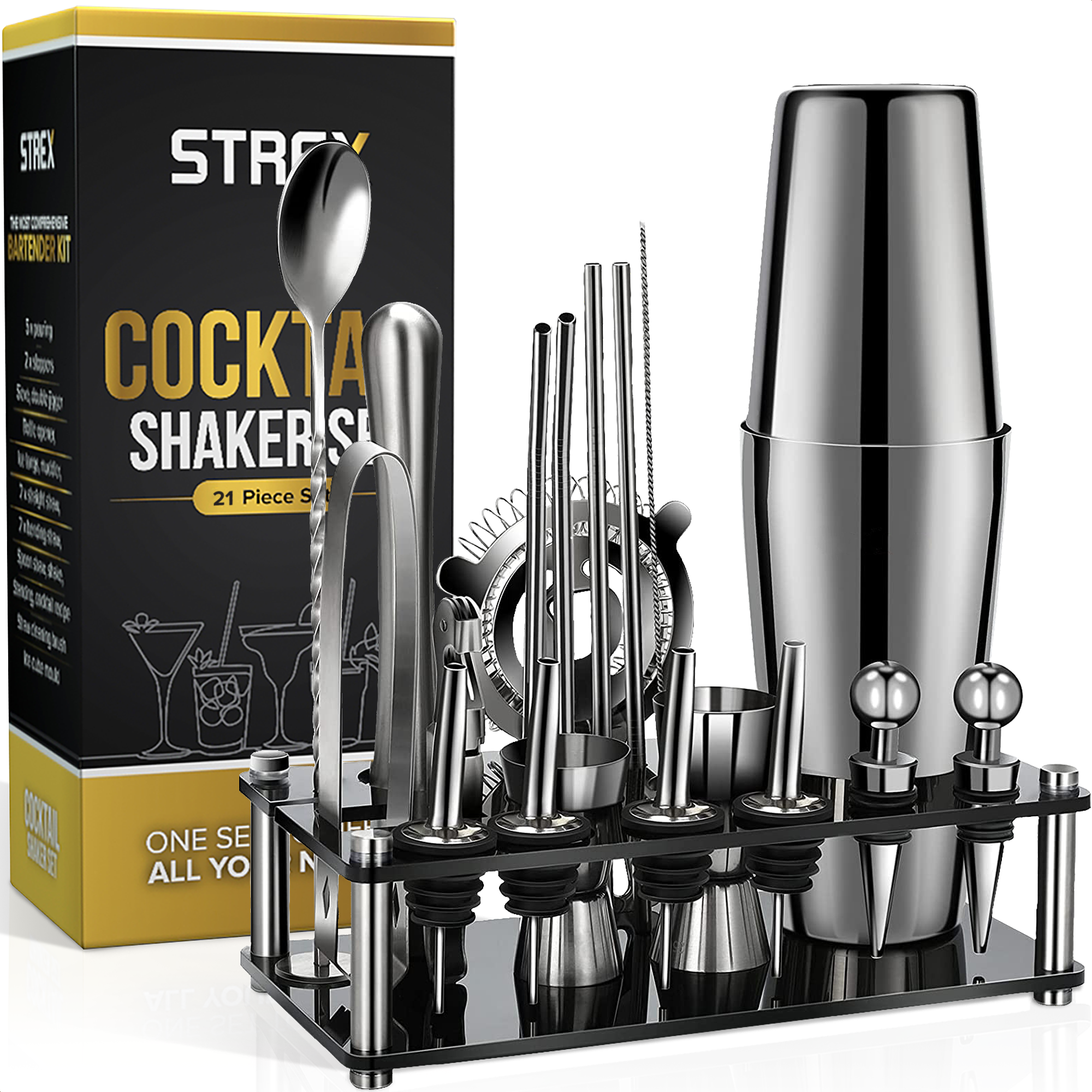 Strex Cocktail Set Zilver RVS 21 Delig (750ml) - Incl. NL Receptenboek - Cocktail Shaker - Cadeauver
