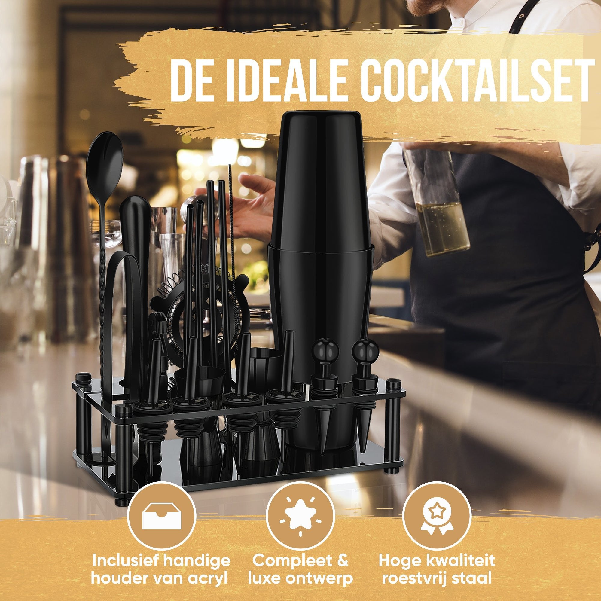 Strex Cocktail Set Zwart RVS 21 Delig (750ml) - Incl. NL Receptenboek - Cocktail Shaker - Cadeauverp