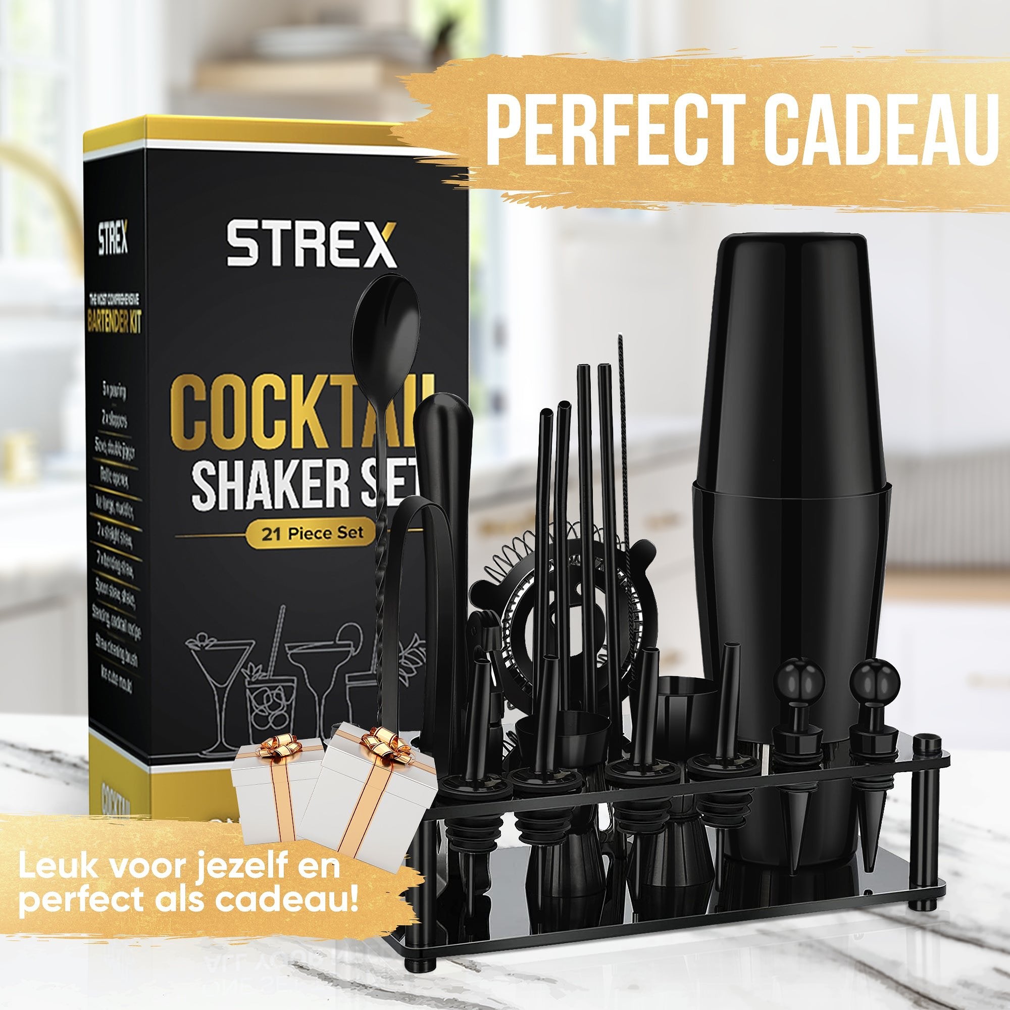 Strex Cocktail Set Zwart RVS 21 Delig (750ml) - Incl. NL Receptenboek - Cocktail Shaker - Cadeauverp