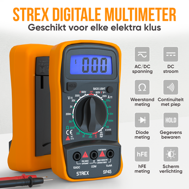 Strex Digitale Multimeter - AC / DC - Incl. 9V Duracell Batterij, Klemtangen & Opberghoes - Multi