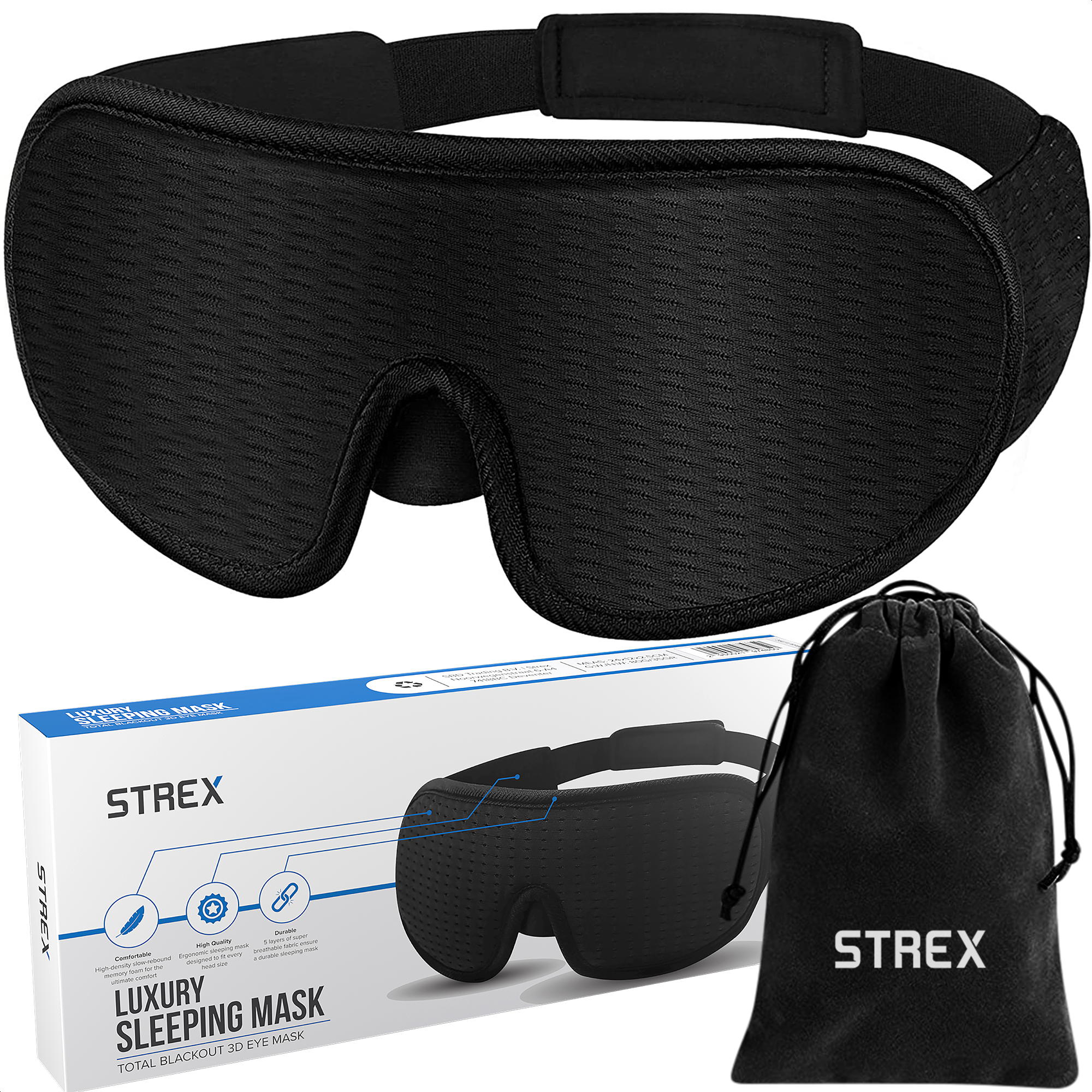Strex Luxe Slaapmasker - 3D Ergonomisch - 100% Verduisterend - Traagschuim - Slaap Masker - Oog Mask