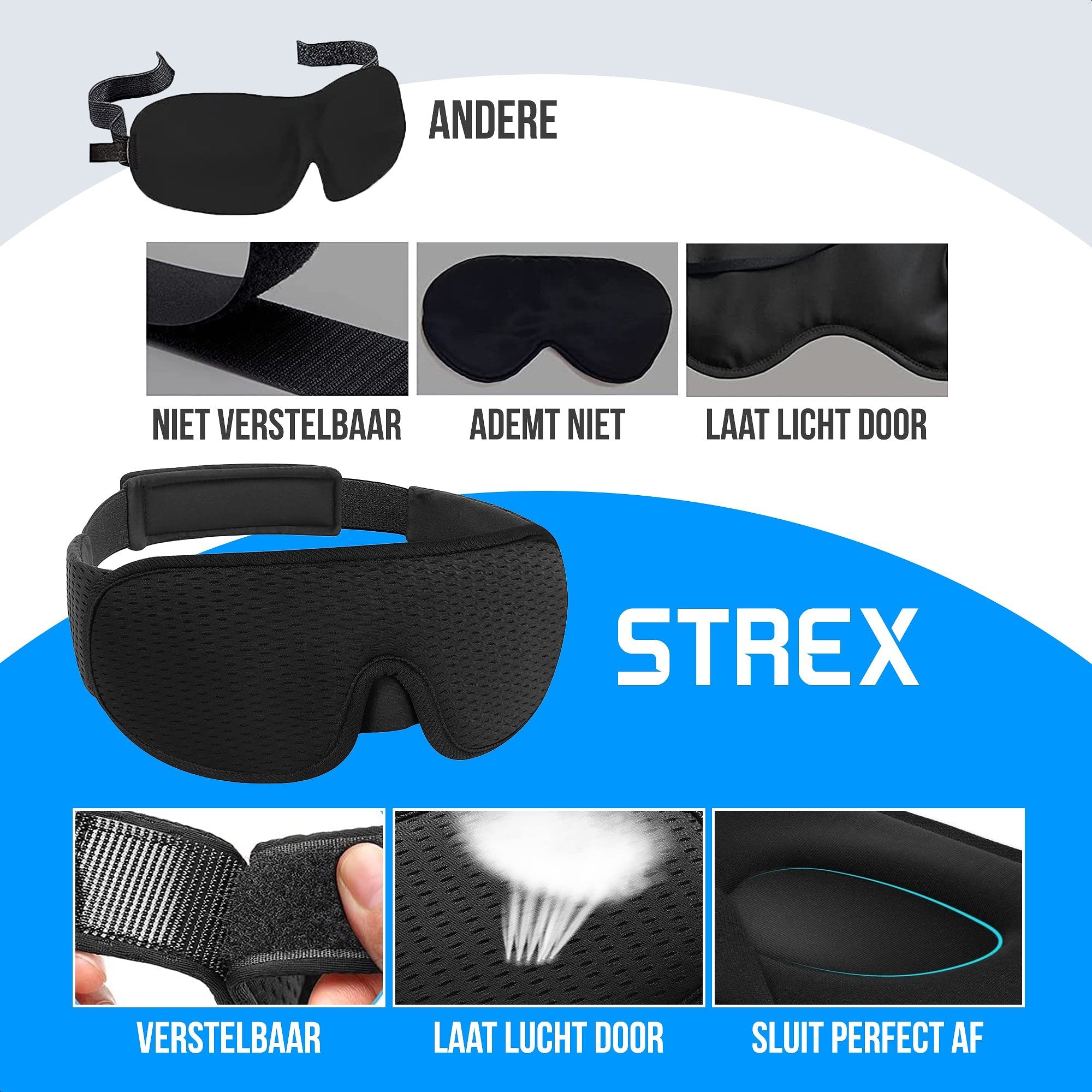 Strex Luxe Slaapmasker - 3D Ergonomisch - 100% Verduisterend - Traagschuim - Slaap Masker - Oog Mask