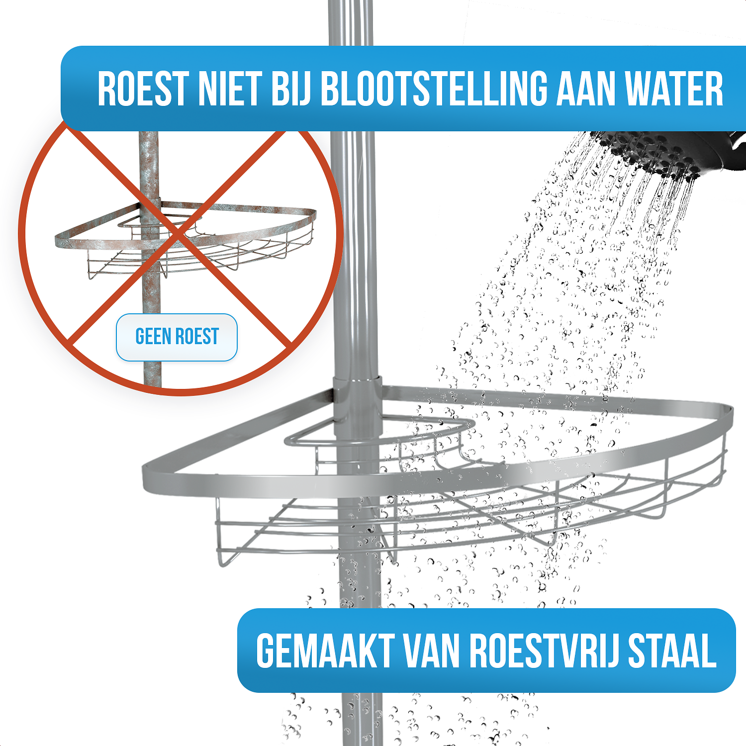 Strex Telescopisch Doucherek RVS - Verstelbaar 70-275 cm - 4 Mandjes - Robuuste Kwaliteit - Bevestig