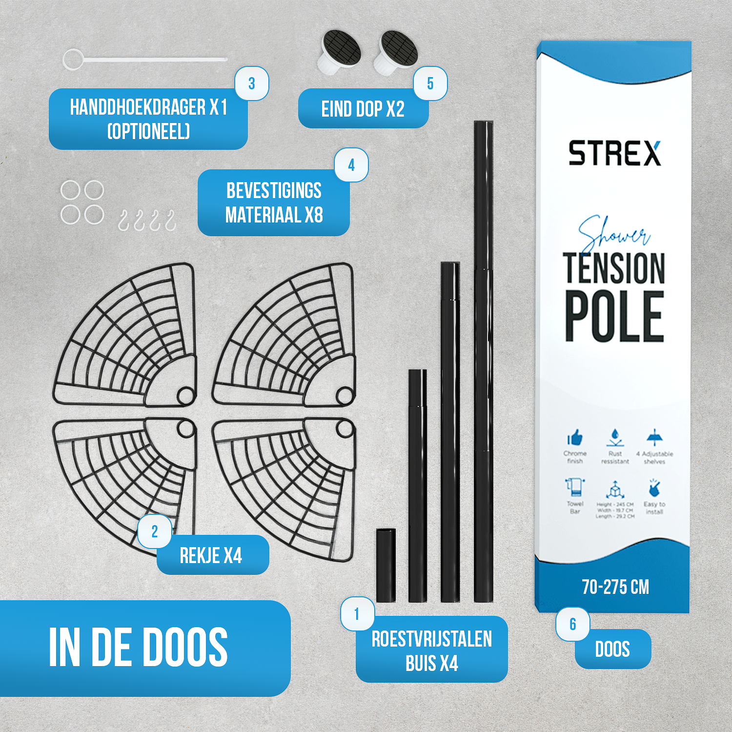 Strex Telescopisch Doucherek Zwart - Verstelbaar 70-275 cm - 4 Mandjes - Robuuste Kwaliteit - Bevest