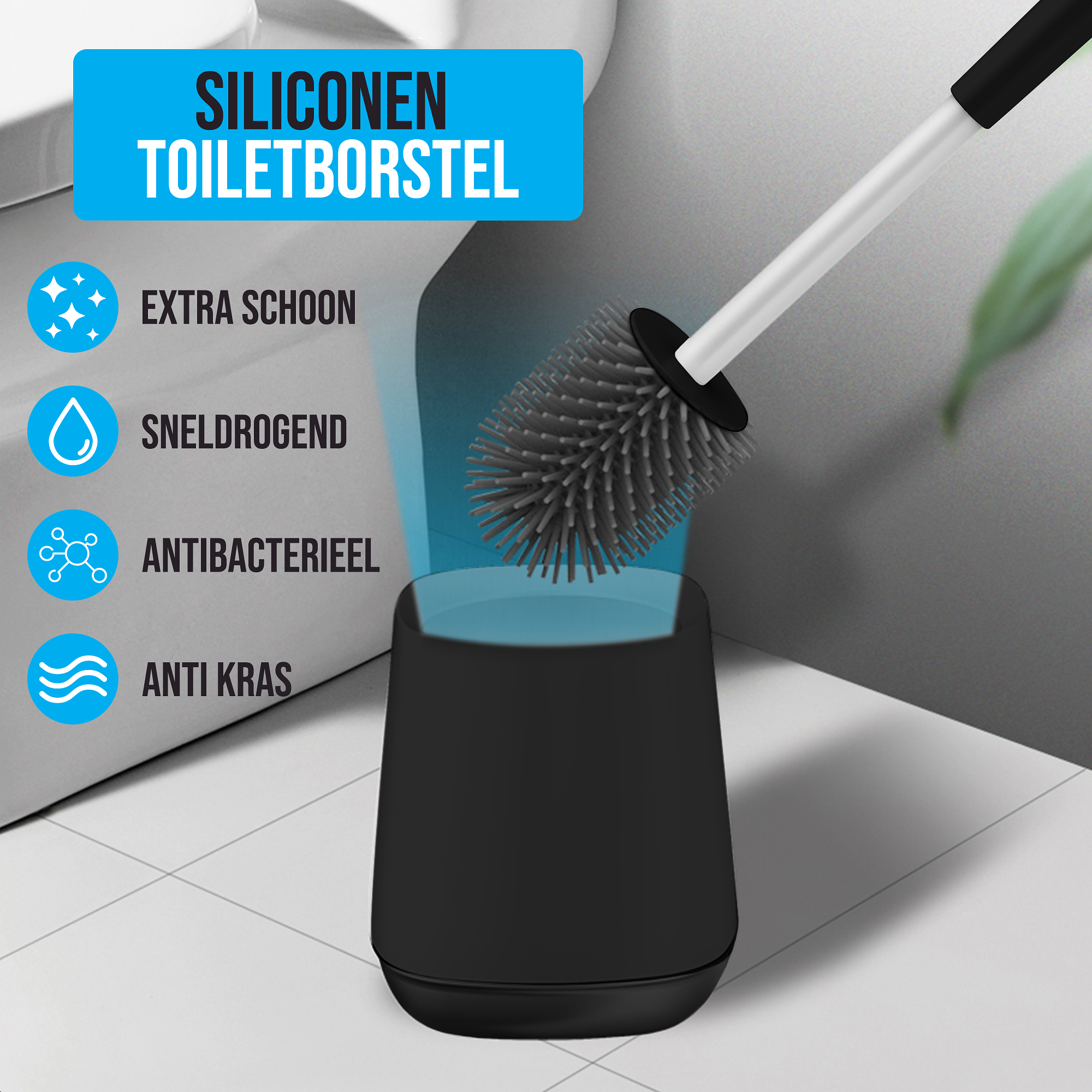 Strex Toiletborstel Siliconen met Houder Zwart - Sneldrogend, Hygiënisch & Antibacteriële Werking -