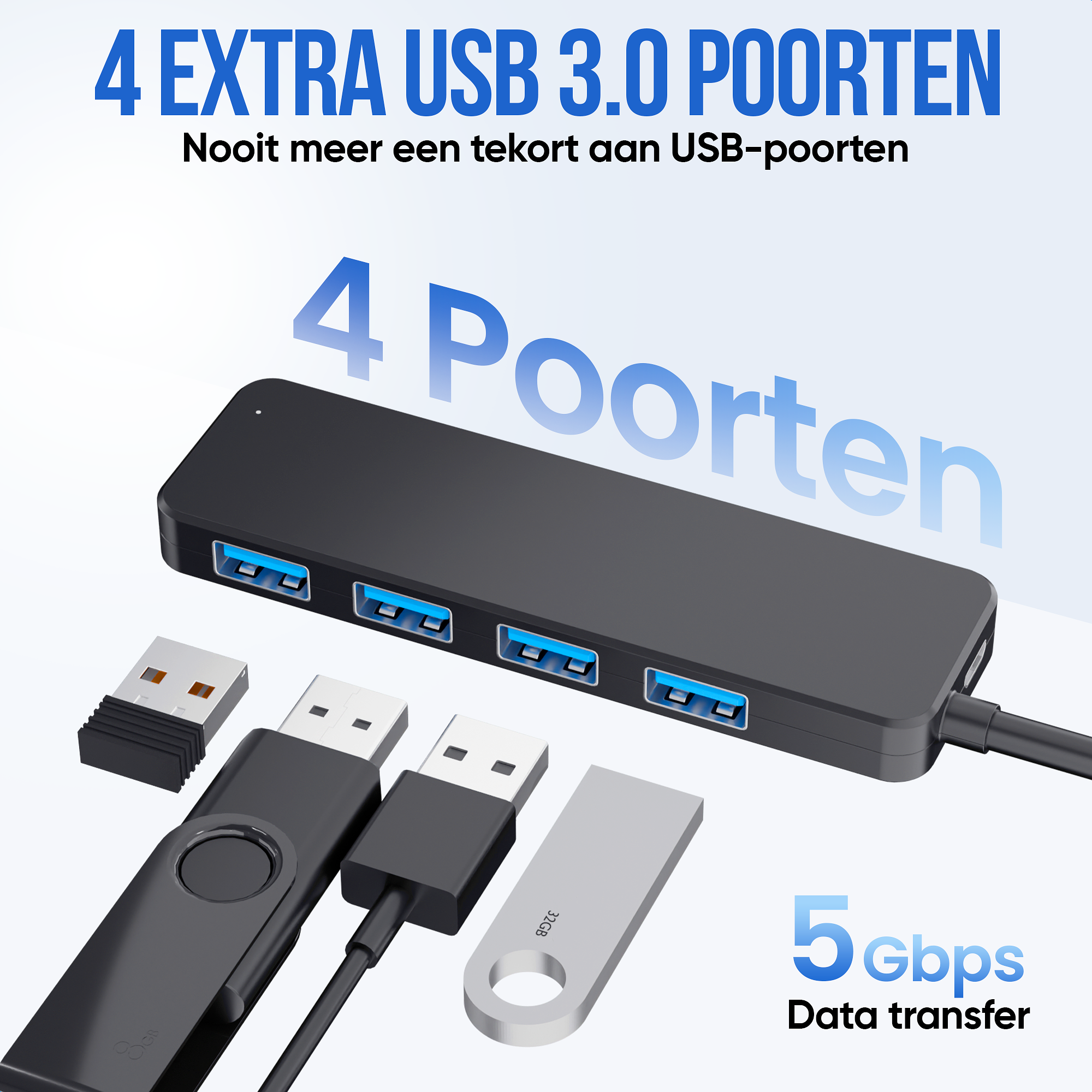 Strex USB 3.0 Hub - USB Splitter - 4 Poorten - 5Gbps - 35CM Kabel - Inclusief USB C Adapter