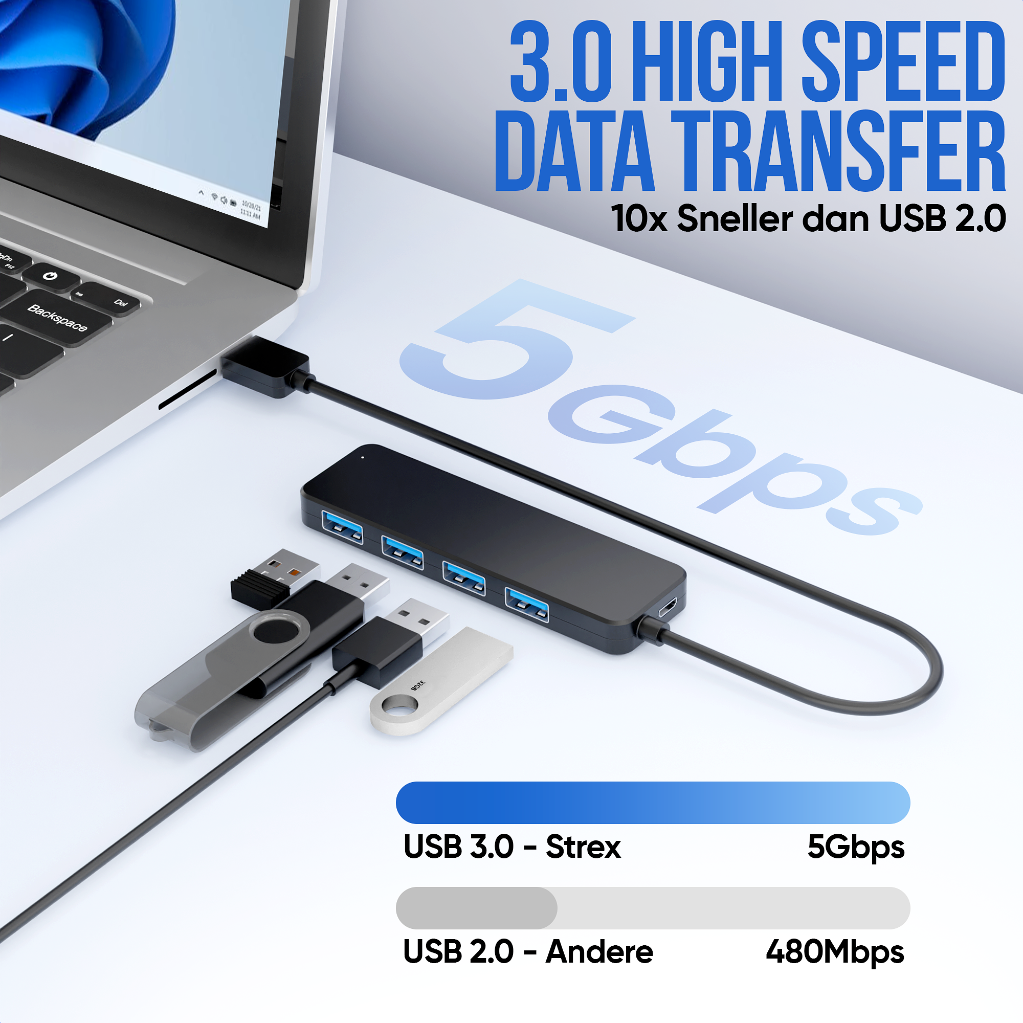 Strex USB 3.0 Hub - USB Splitter - 4 Poorten - 5Gbps - 35CM Kabel - Inclusief USB C Adapter