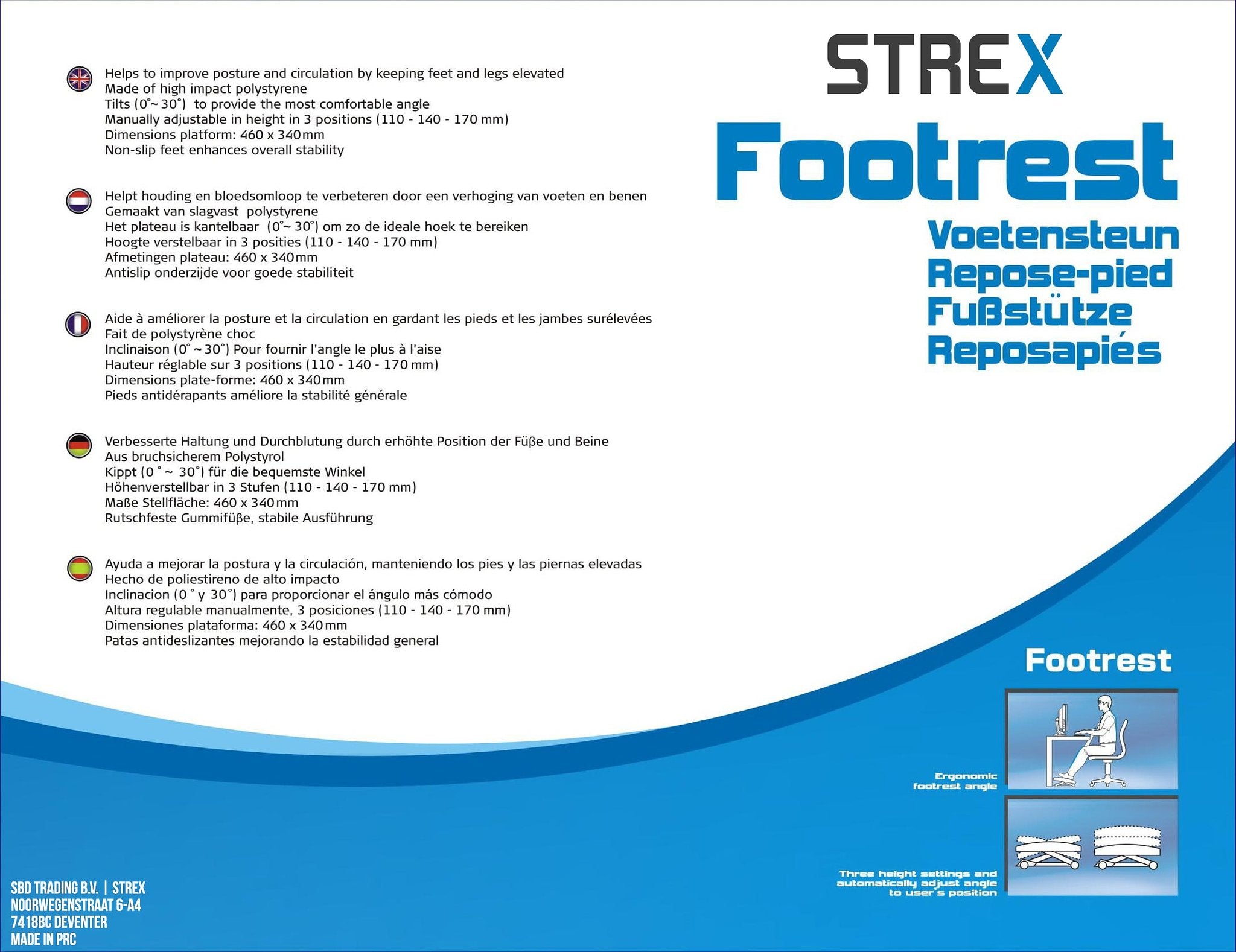Strex Voetensteun Ergonomisch - Verstelbaar - Anti-Slip - Voeten Steun Bureau - DIN 4556