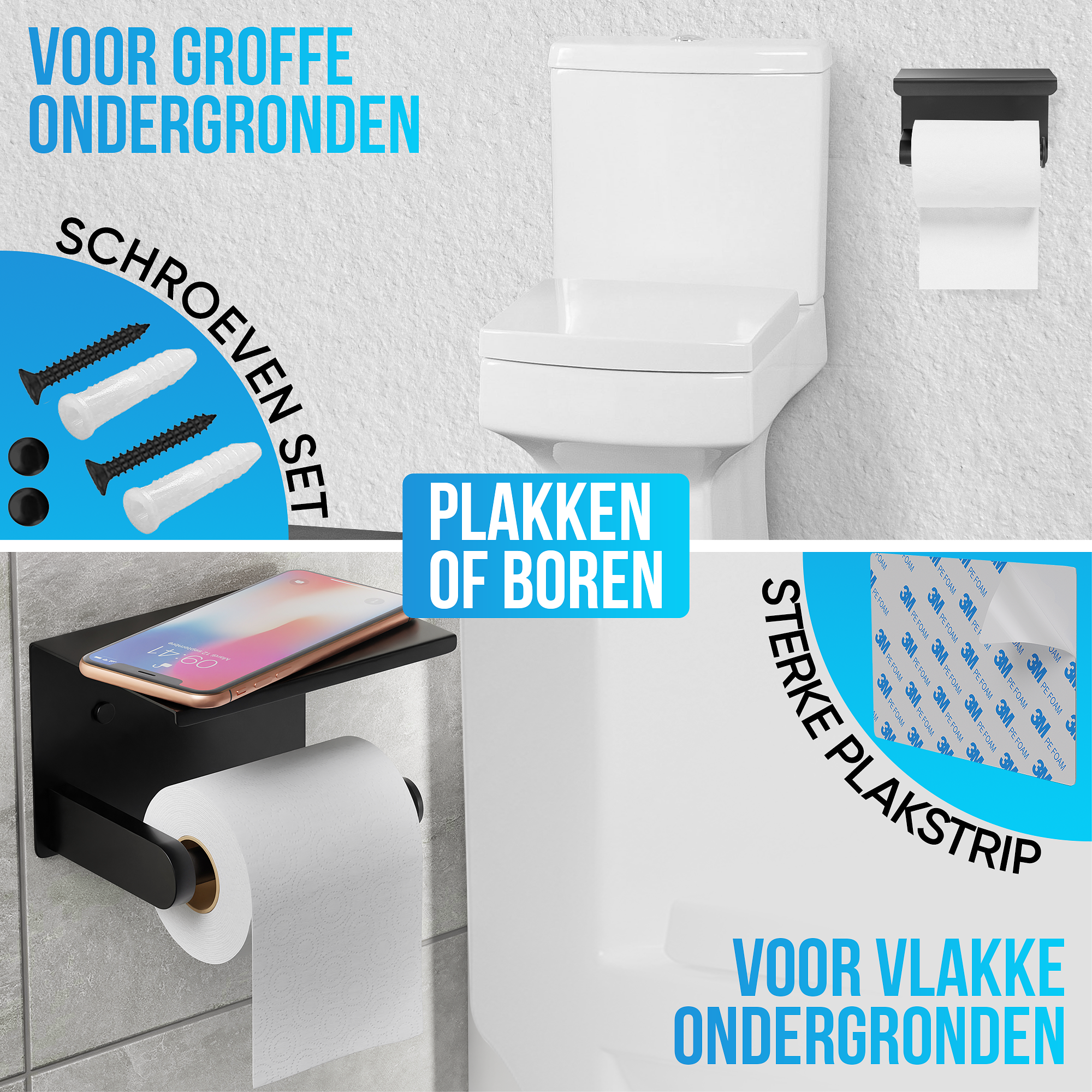Strex WC Rolhouder met Plankje - Zwart - Zelfklevend / Boren / Zonder Boren - Toiletrolhouder - WC P