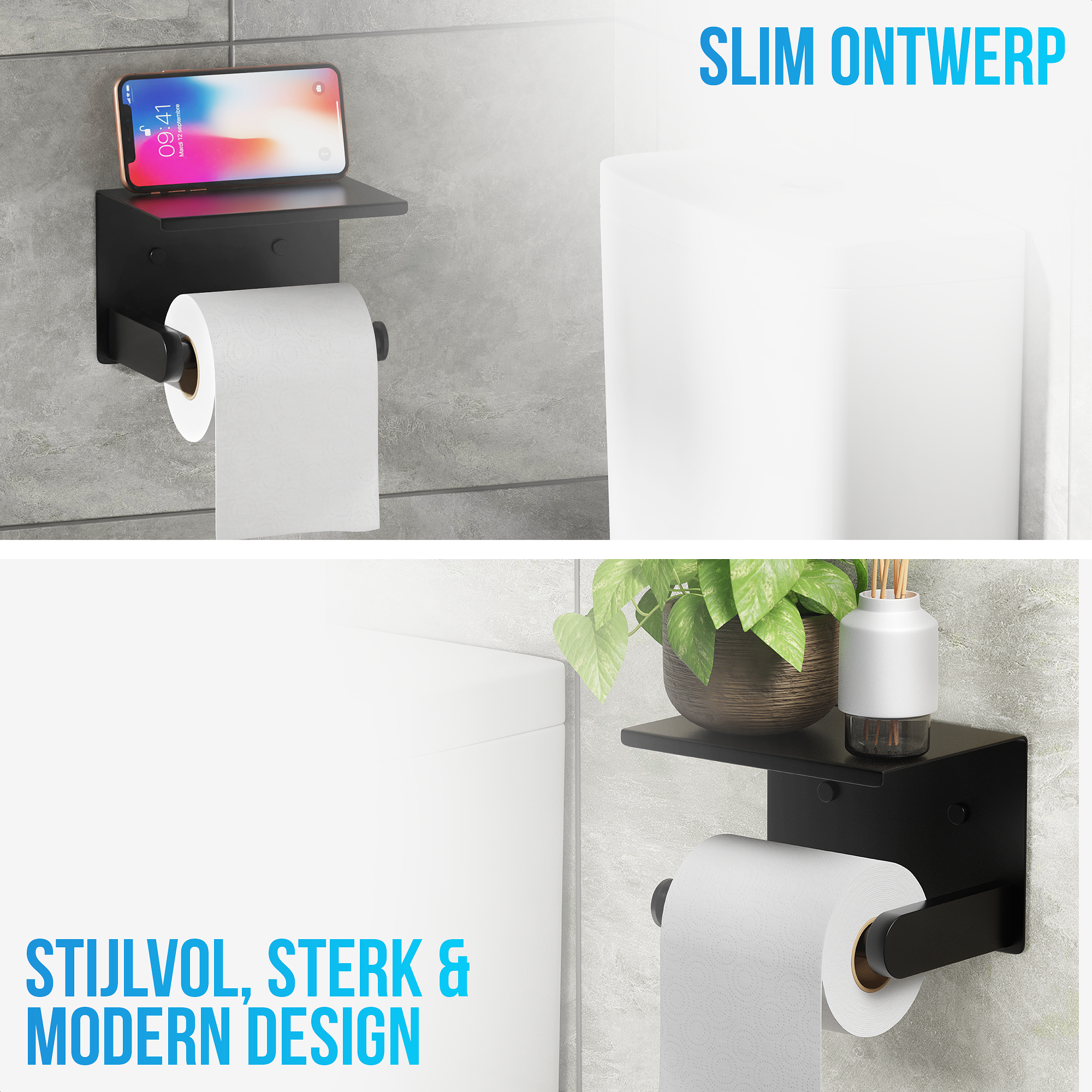 Strex WC Rolhouder met Plankje - Zwart - Zelfklevend / Boren / Zonder Boren - Toiletrolhouder - WC P