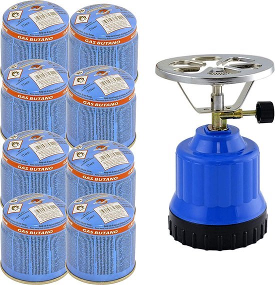 TronicXL Gaskooktoestel, campingkooktoestel, 1 lichtpunt, aluminium branders + 8 x cartridges gasfle