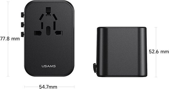 USAMS Wereldstekker 65W EU / UK / VS / AU 2x USB-C - USB-A PD Zwart