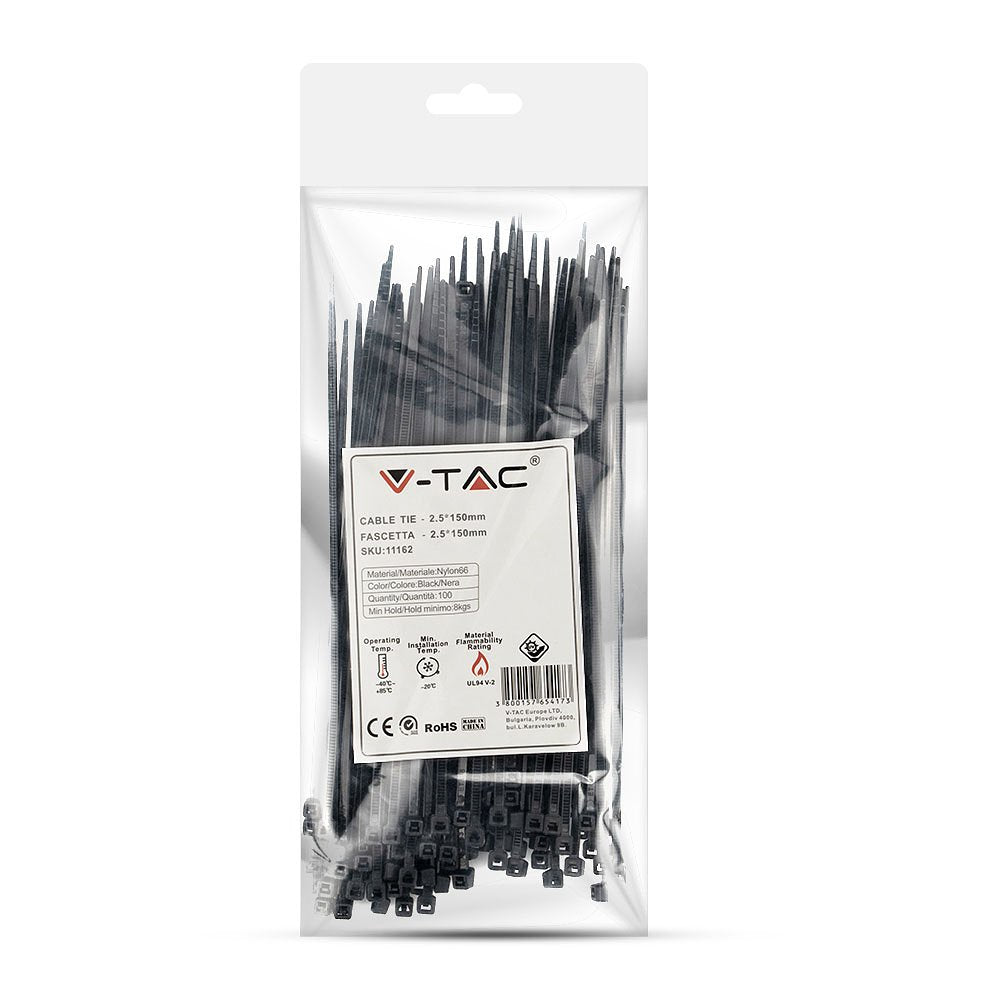 V-TAC  Nylon Cable Tie -  2.5x150mm - Black - 100Pcs/Pack