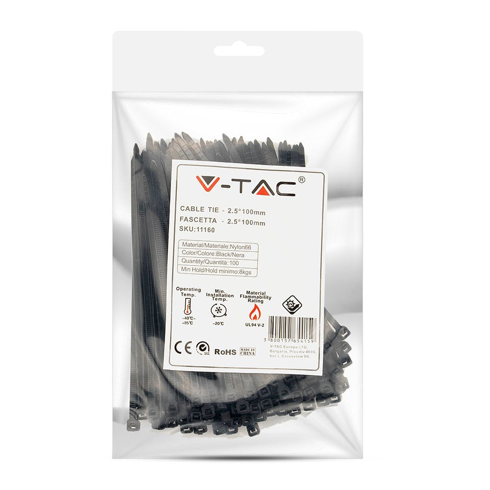 V-TAC  Nylon Cable Tie - 2.5x100mm - Black - 100Pcs/Pack
