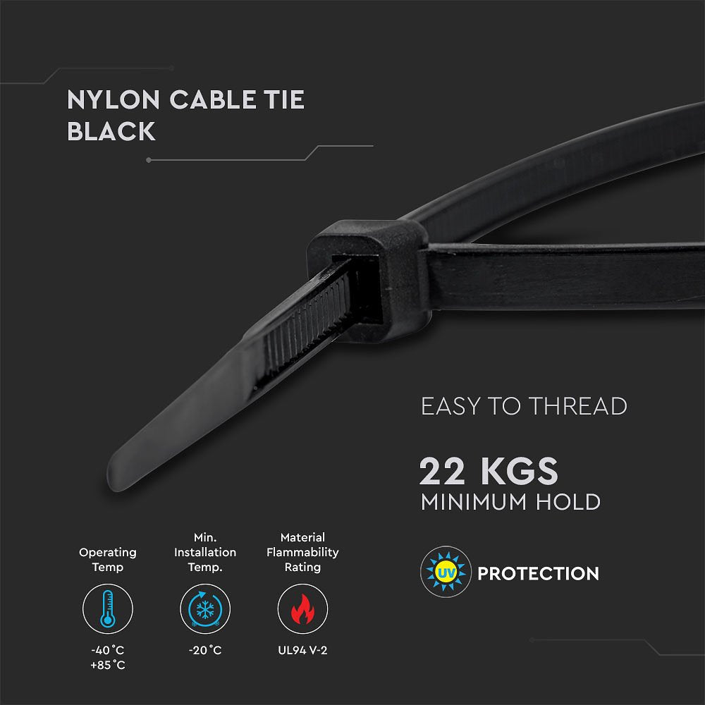 V-TAC  Nylon Cable Tie - 4.5x350mm - Black - 100Pcs/Pack
