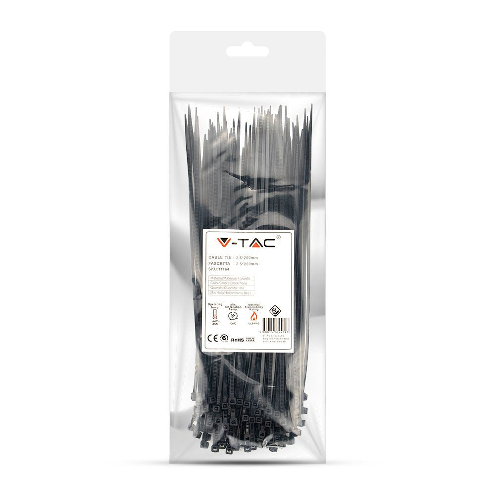 V-TAC  Nylon Cable Tie - 2.5x200mm - Black - 100Pcs/Pack