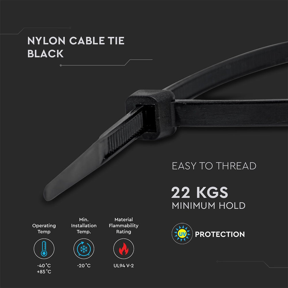 V-TAC  Nylon Cable Tie - 4.5x150mm - Black - 100Pcs/Pack