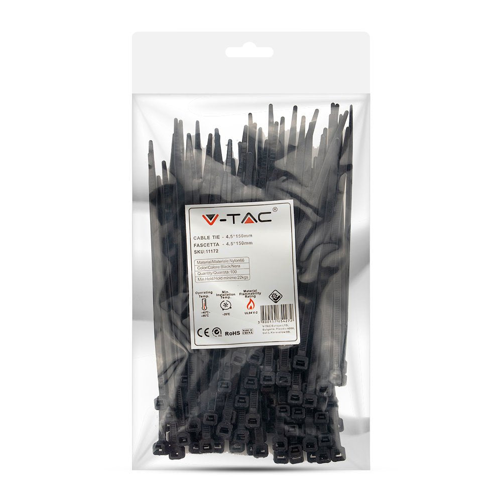 V-TAC  Nylon Cable Tie - 4.5x150mm - Black - 100Pcs/Pack