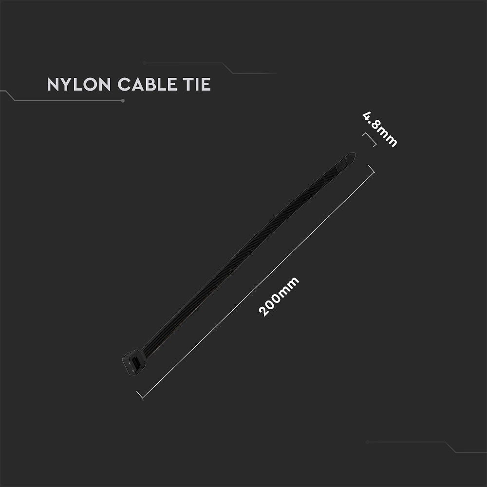 V-TAC  Nylon Cable Tie - 4.8x200mm - Black - 100Pcs/Pack