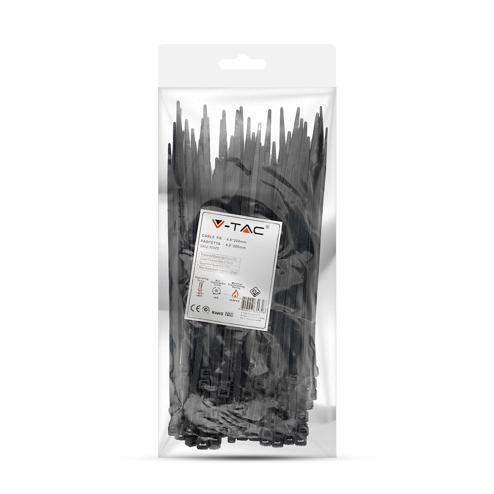 V-TAC  Nylon Cable Tie - 4.8x200mm - Black - 100Pcs/Pack