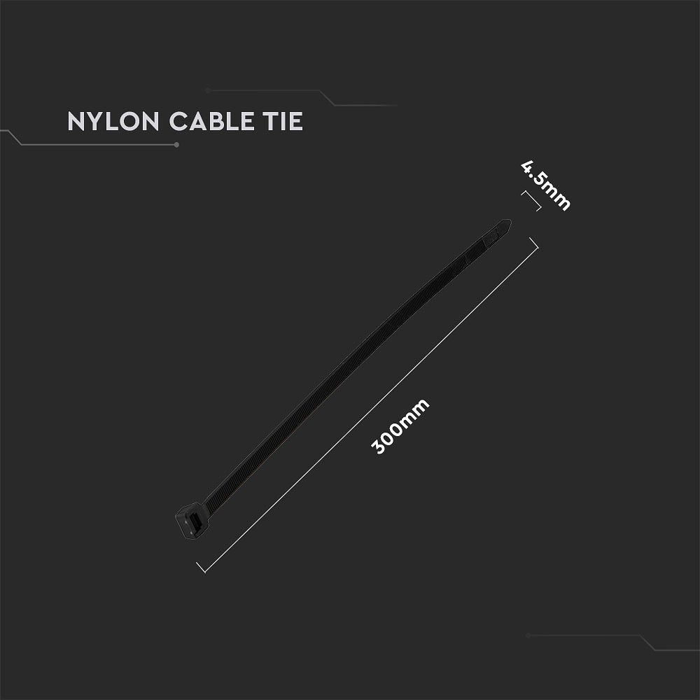 V-TAC  Nylon Cable Tie - 4.5x300mm - Black - 100Pcs/Pack