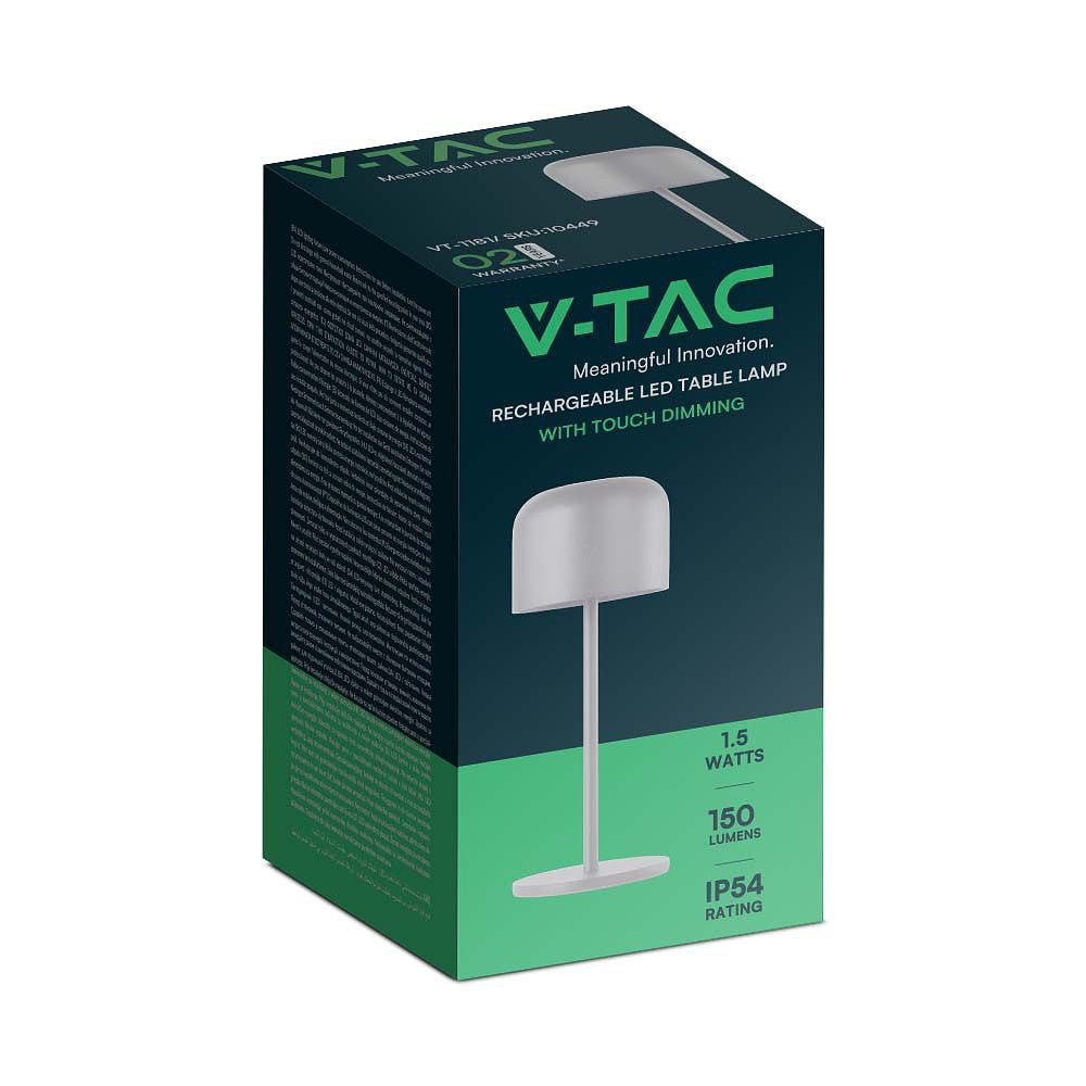 V-TAC VT-1181 Rechargeable Table Lamps - IP54 - White Body - 1.5 Watts - 150 Lumens - 2700K+5700K