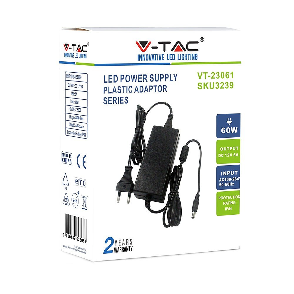 V-TAC VT-23061 Black LED Strip Lights - Plastic - Power Supply - 60W - IP44