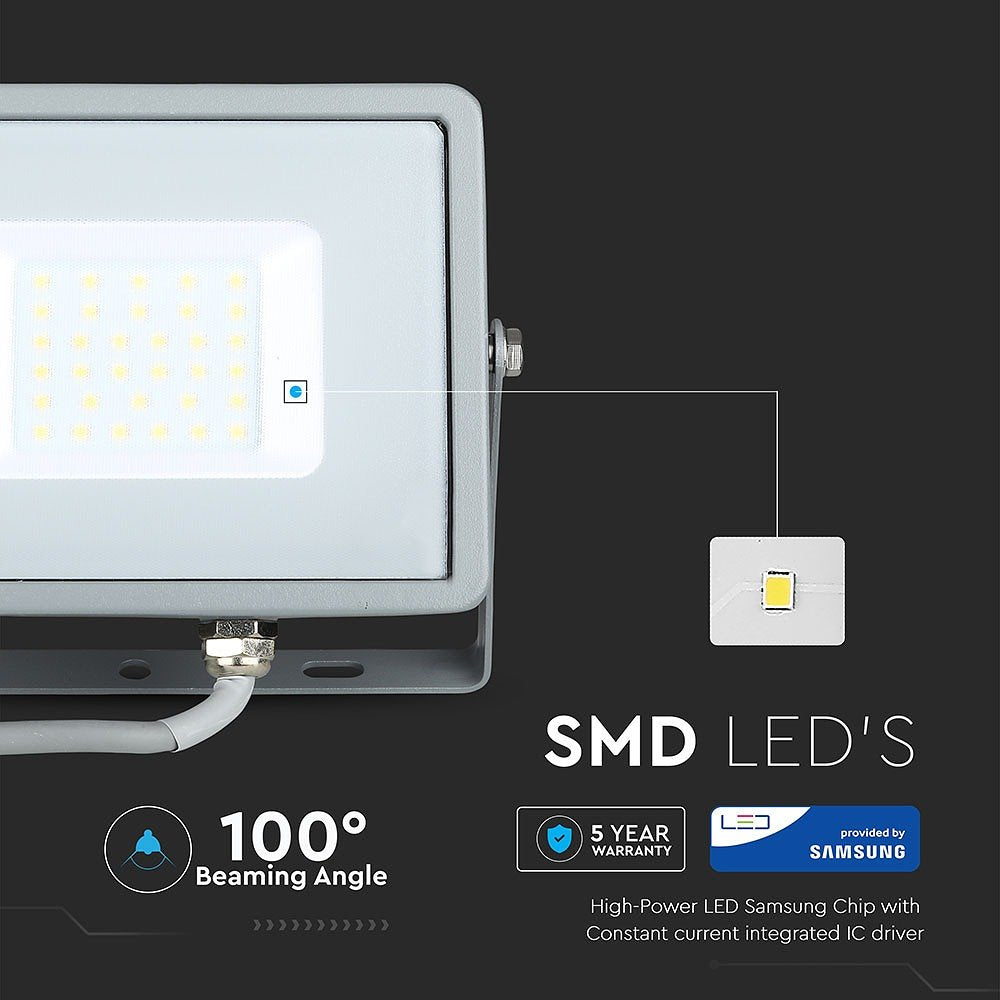 V-TAC VT-30-G Grey LED Floodlights - Samsung - IP65 - 30W - 2400 Lumens - 6400K - 5 Years