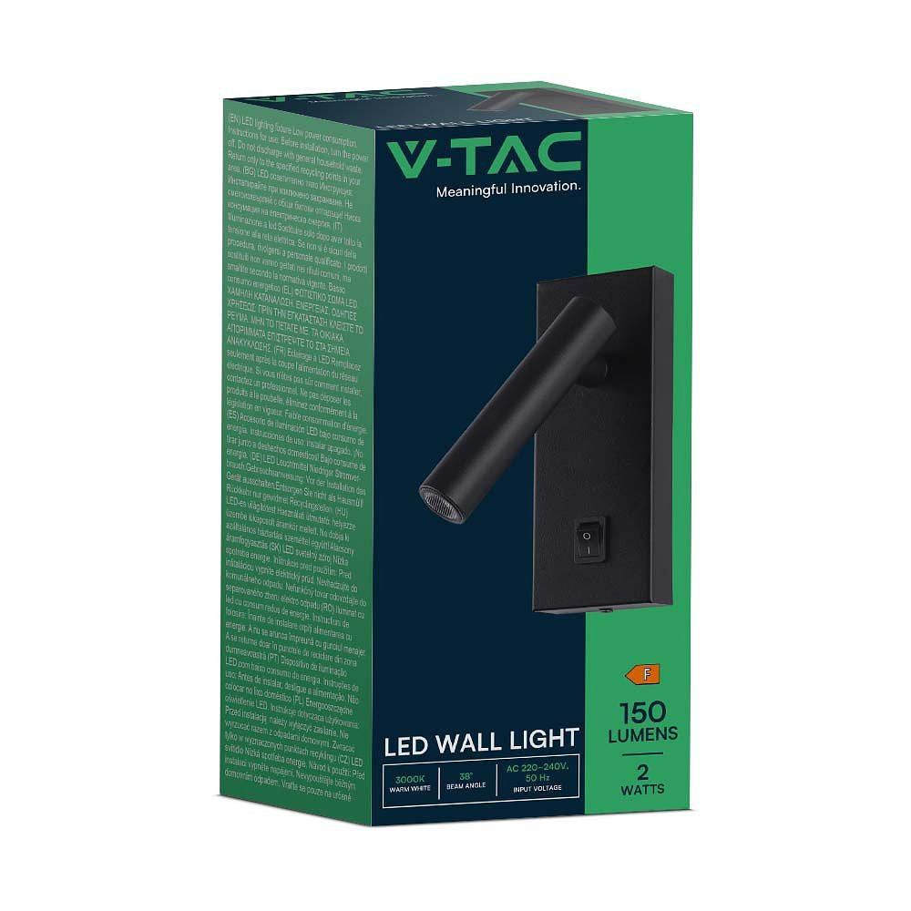 V-TAC VT-402-B LED Wall Lights - Single Head - IP20 - Black Body - 2 Watts - 150 Lumens - 3000K