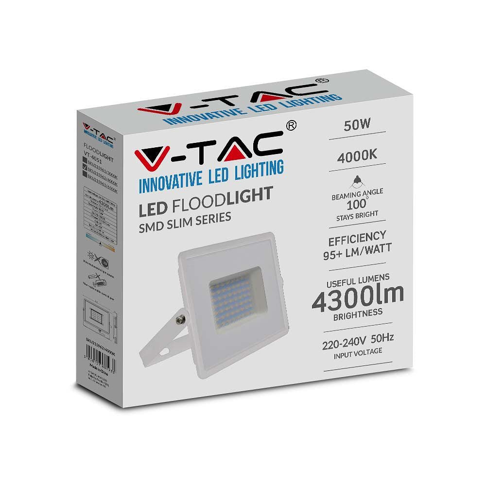 V-TAC VT-4051W-N White LED Floodlights - E Series - IP65 - 50W - 4300 Lumens - 4000K
