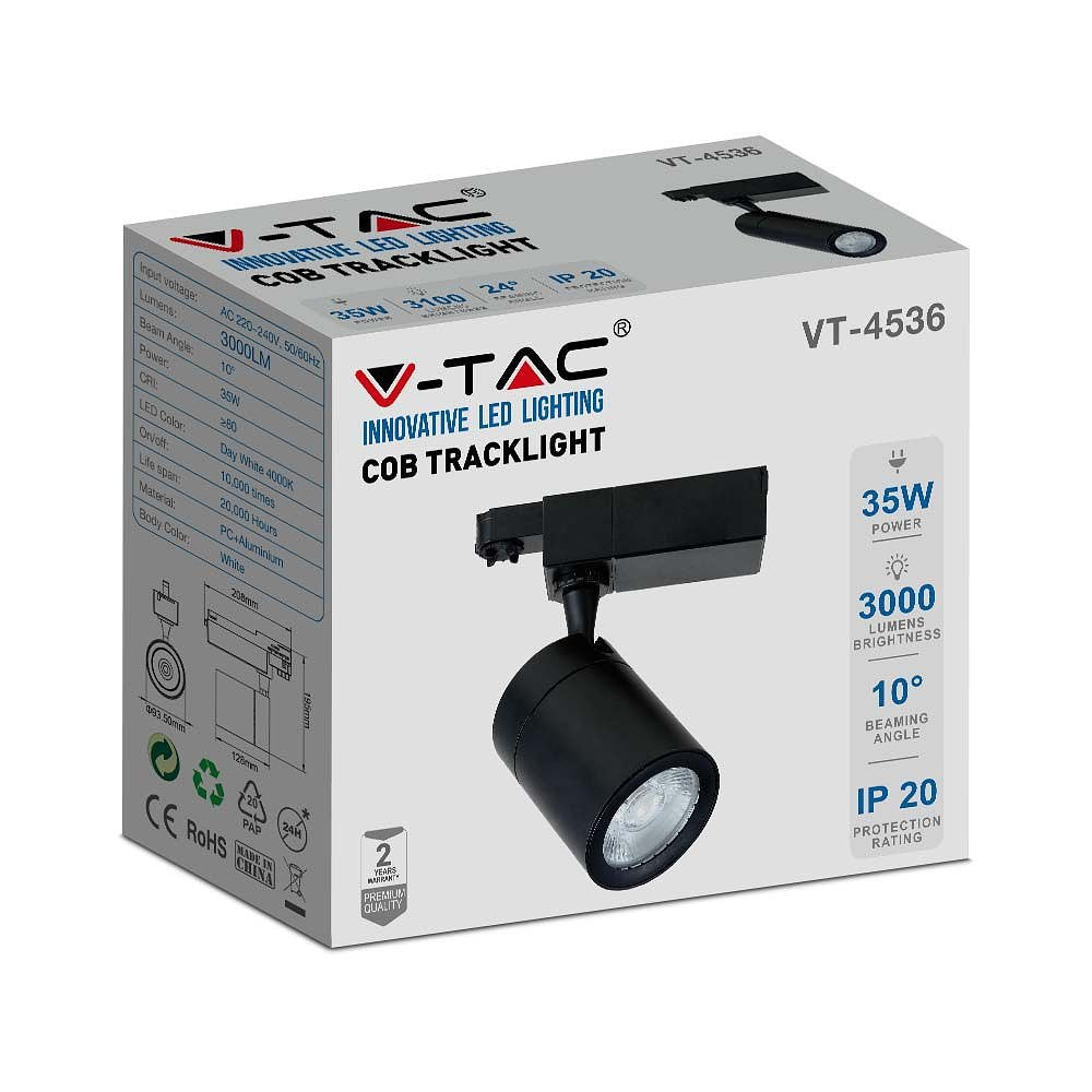 V-TAC VT-4536-B-N LED Tracklights - COB Tracklights - IP20 - Black - 35 Watts - 3000 Lumens - 6000K