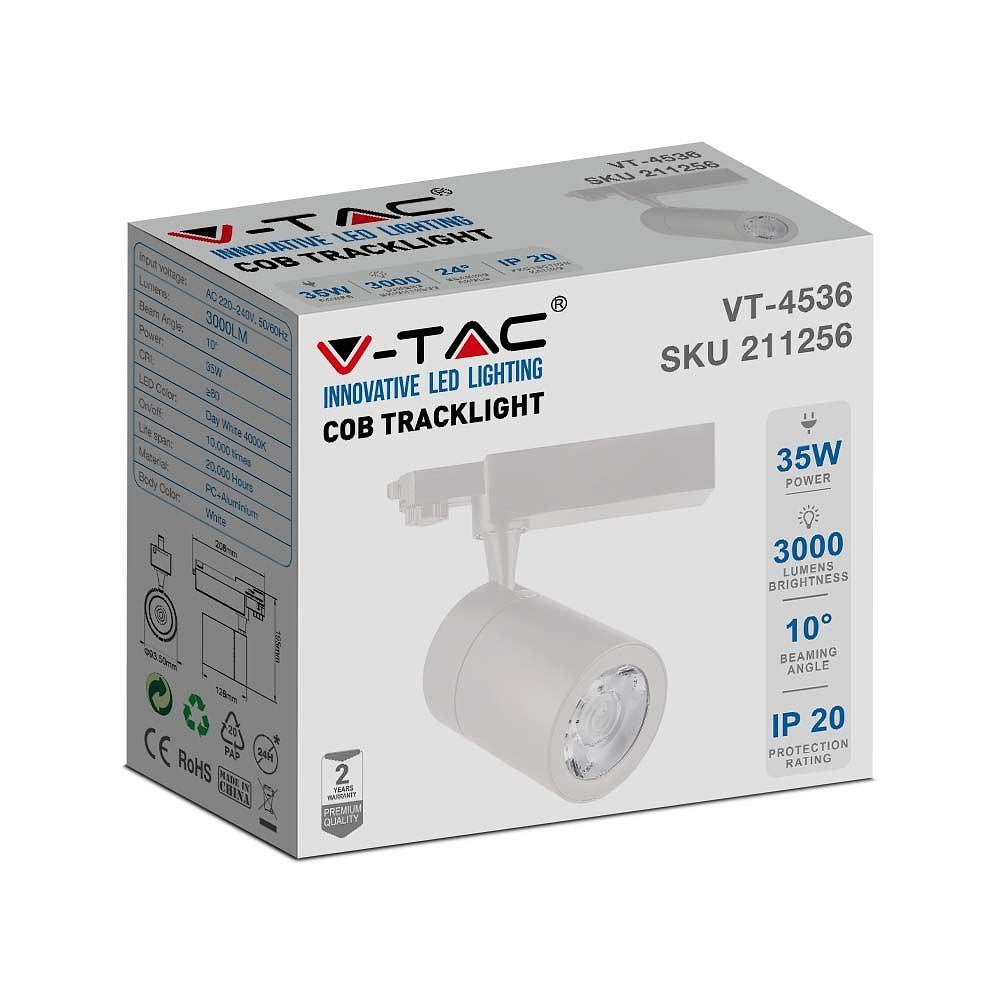 V-TAC VT-4536-W-N LED Tracklights - COB Tracklights - IP20 - White - 35 Watts - 3000 Lumens - 6400K