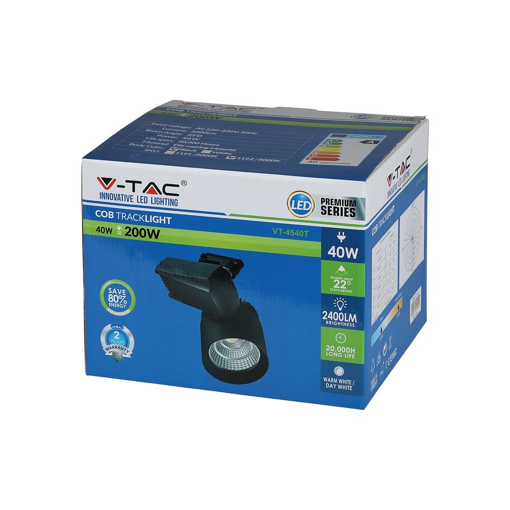 V-TAC VT-4540T LED Tracklights - COB Tracklights - IP20 - Black - 40 Watts - 2600 Lumens - 5000K