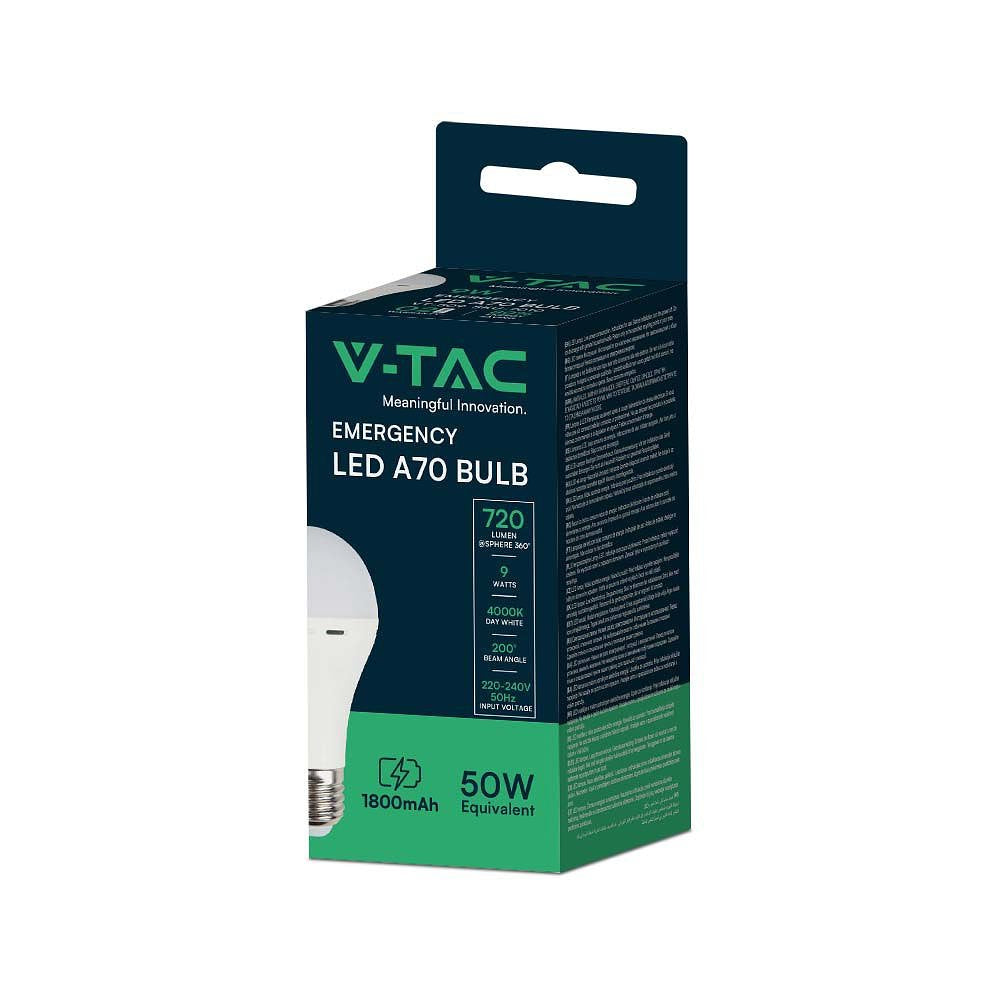V-TAC VT-509 E27 LED Bulbs - GLS - Emergency - IP20 - White - 9W - 720 Lumens - 4000K