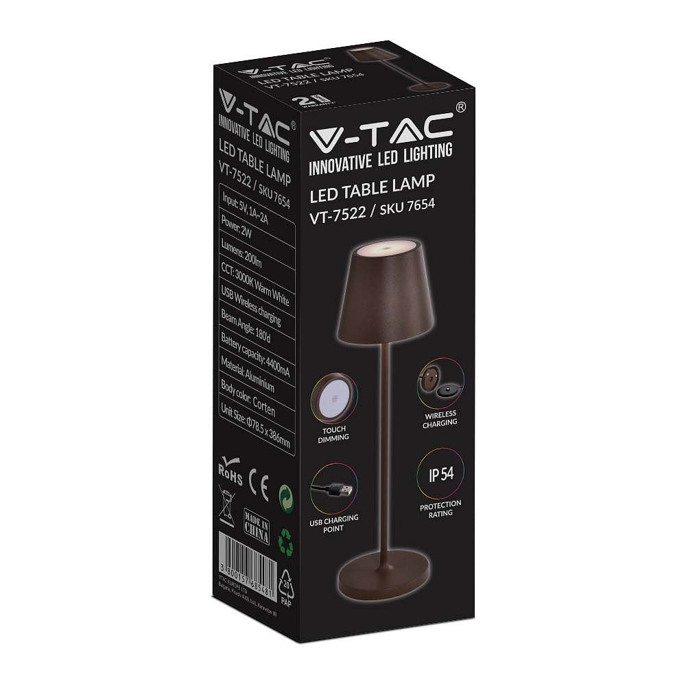 V-TAC VT-7522-C Wireless Charging Table Lamps - IP54 - Corten - 2W - 200 Lumens - 3000K