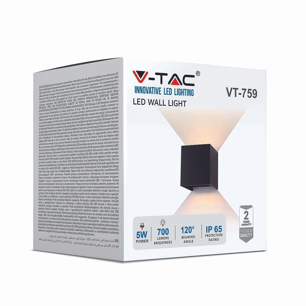 V-TAC VT-759-B-N Square LED Wall Lights - Bridgelux - IP65 - Black - 5W - 700 Lumens - 4000K