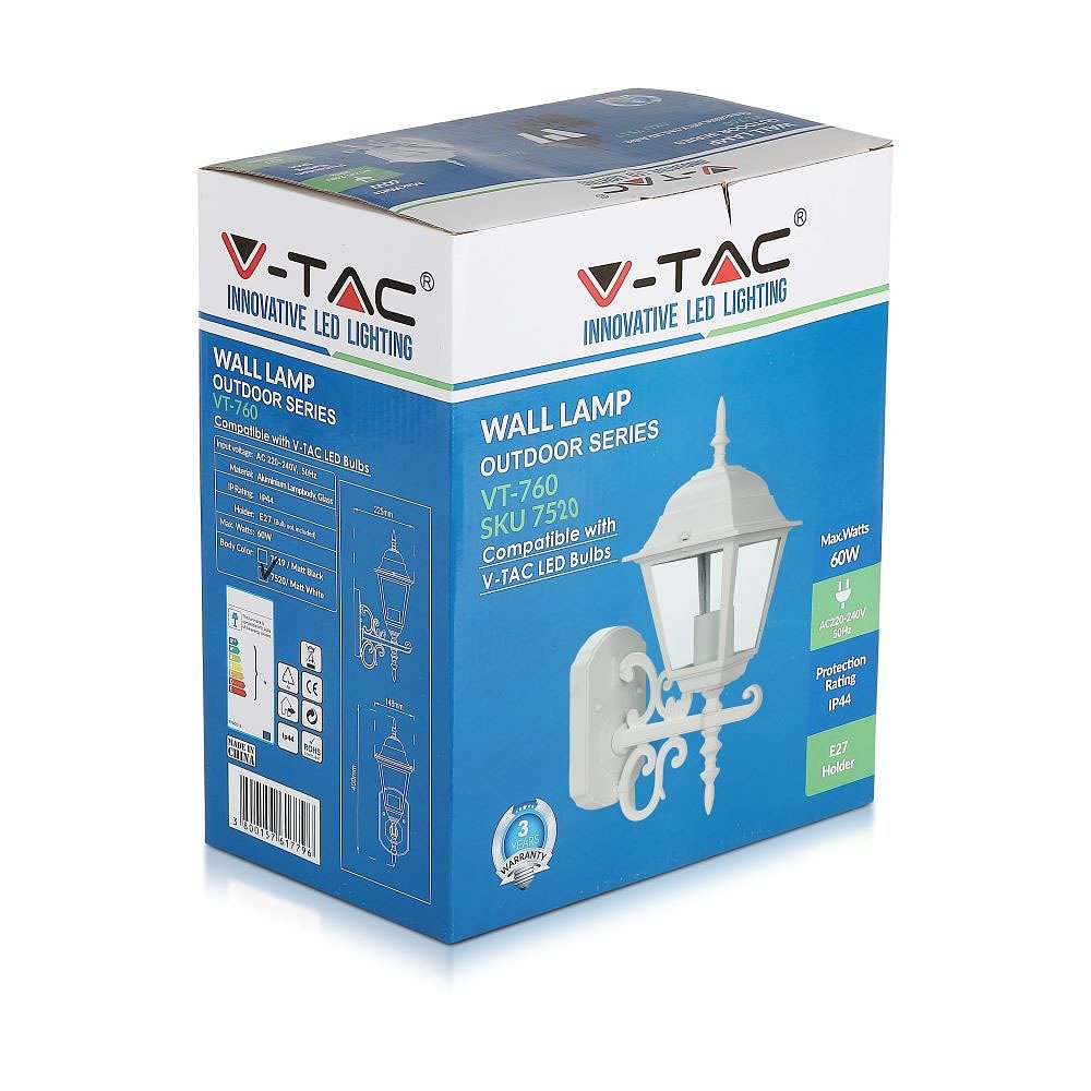 V-TAC VT-760-W  E27 Buitenverlichting - wandlamp - Omhoog - Mat Wit - IP44