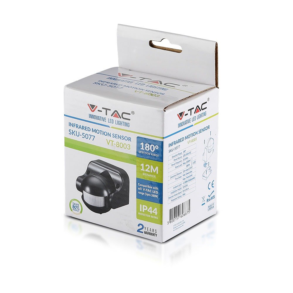 V-TAC VT-8003-B Motion sensor - Infrared sensor - Black - IP44