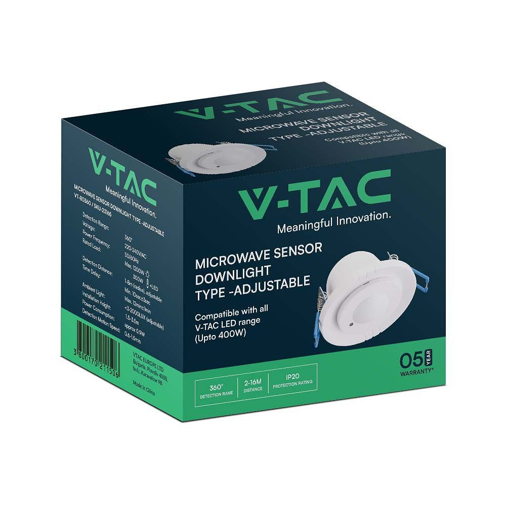 V-TAC VT-80360 Microwave Motion - Sensor - IP20 - White Body - 5 Years